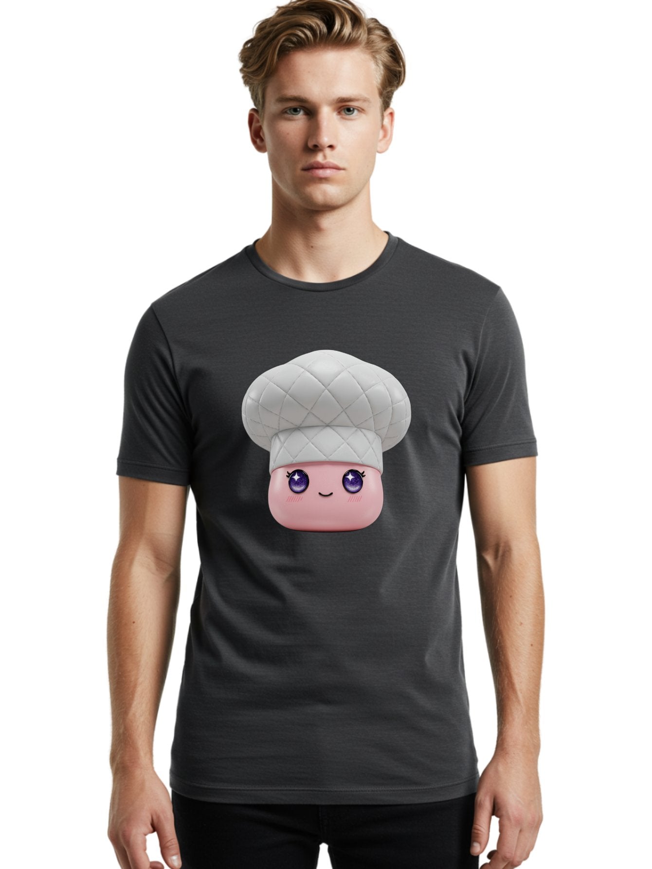 Chef-Hat-Face-1 Men'S Graphic Tee, 100% Cotton, Comfortable Casual Summer Wear, Machine Washable, Pink Face, Chef Hat, Cartoon Style, Purple Eyes, Eyelashes, Smiling Face, Cute Character, Cooking Theme, Culinary Art, Adorable Design, Bac831 21