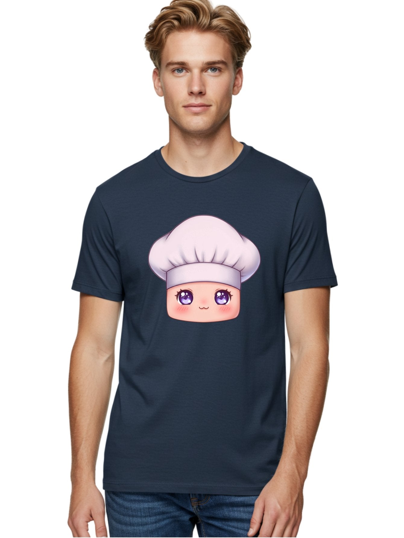 Chef-Hat-Face Men'S Graphic Tee, 100% Cotton, Comfortable Casual Summer Wear, Machine Washable, Cartoon Chef, Cute Face, Purple Eyes, Chef Hat, Cooking, Kawaii, Chef Character, Adorable, Kitchen, Culinary Bac832 19