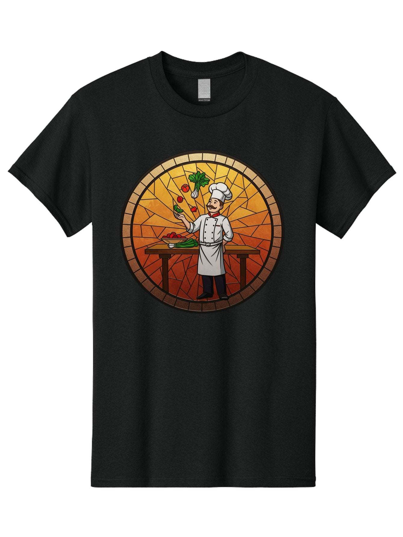 Chef-Juggling-Vegetables Men'S Graphic Tee, 100% Cotton, Comfortable Casual Summer Wear, Machine Washable, Chef Juggling Vegetables, Cooking Art, Stained Glass Style, Culinary Skills, Kitchen Scene, Fresh Produce, Chef'S Hat, Cooking Uniform Bac833 9