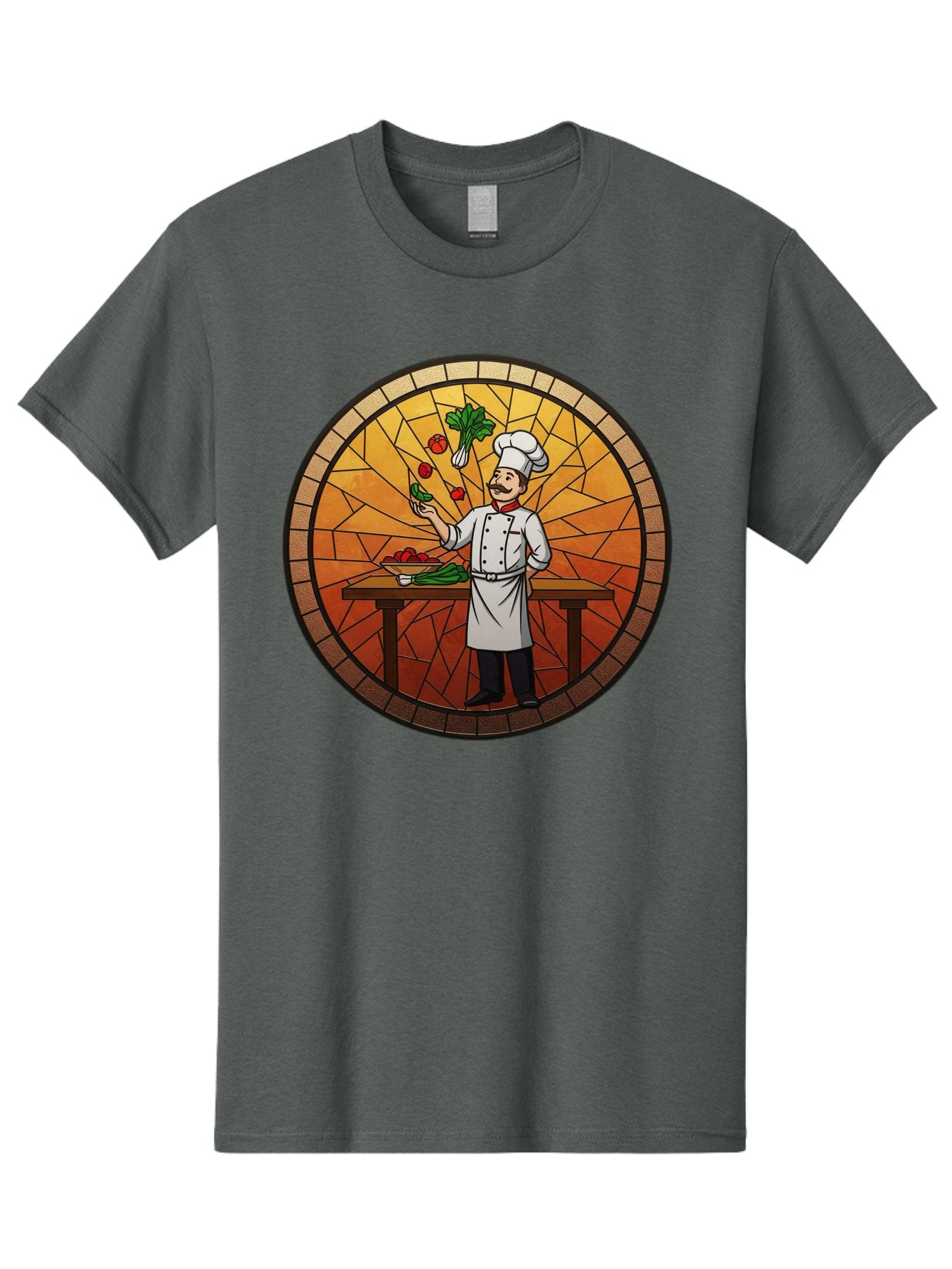 Chef-Juggling-Vegetables Men'S Graphic Tee, 100% Cotton, Comfortable Casual Summer Wear, Machine Washable, Chef Juggling Vegetables, Cooking Art, Stained Glass Style, Culinary Skills, Kitchen Scene, Fresh Produce, Chef'S Hat, Cooking Uniform Bac833 4