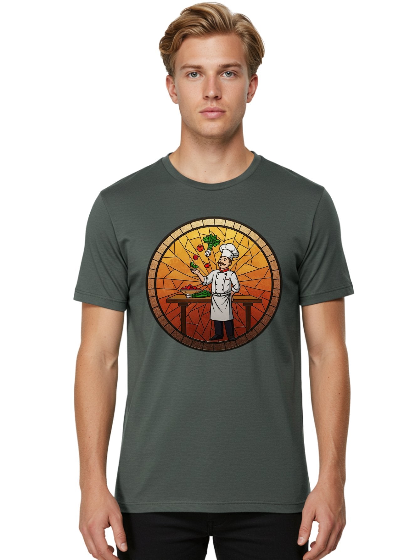 Chef-Juggling-Vegetables Men'S Graphic Tee, 100% Cotton, Comfortable Casual Summer Wear, Machine Washable, Chef Juggling Vegetables, Cooking Art, Stained Glass Style, Culinary Skills, Kitchen Scene, Fresh Produce, Chef'S Hat, Cooking Uniform Bac833 18