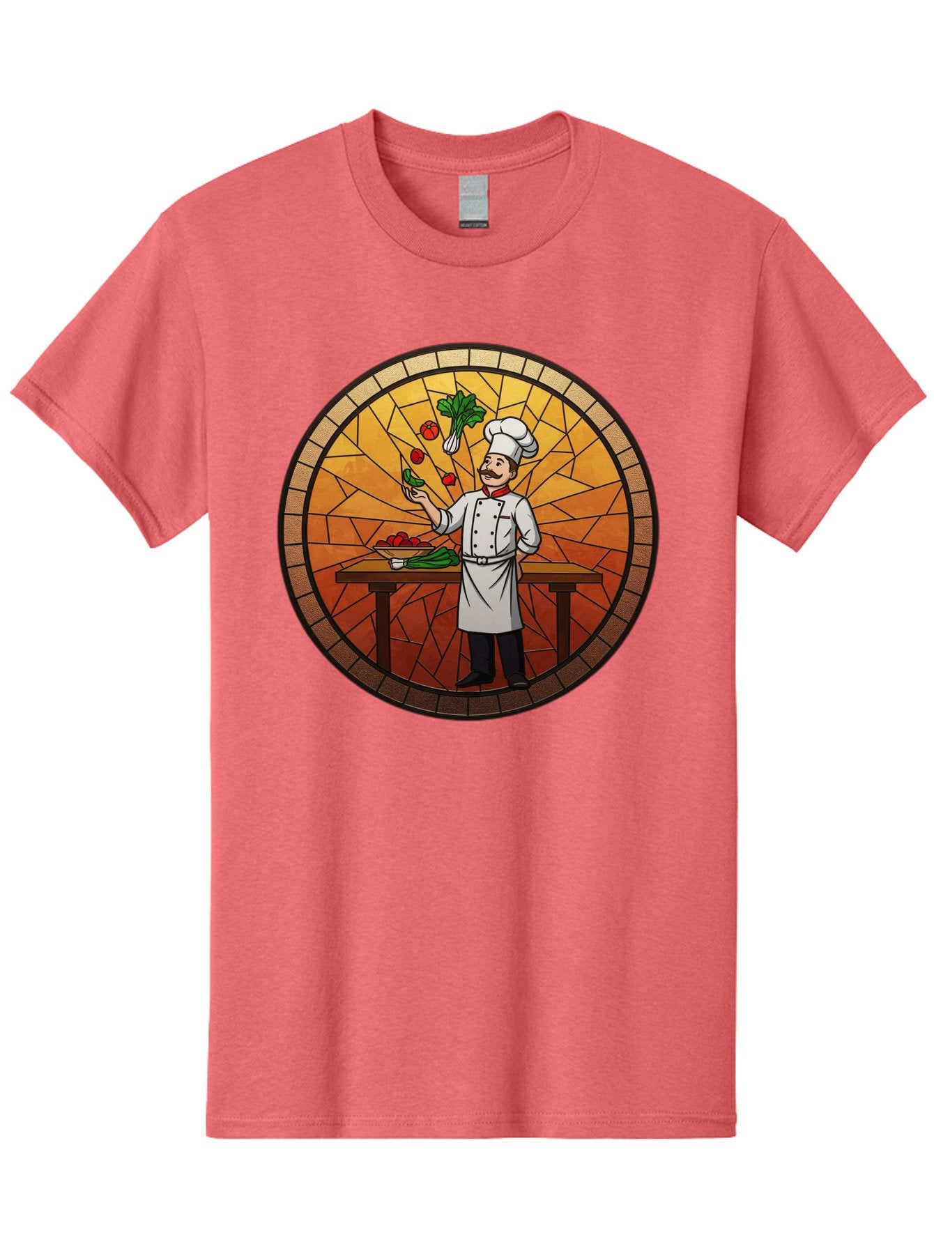 Chef-Juggling-Vegetables Men'S Graphic Tee, 100% Cotton, Comfortable Casual Summer Wear, Machine Washable, Chef Juggling Vegetables, Cooking Art, Stained Glass Style, Culinary Skills, Kitchen Scene, Fresh Produce, Chef'S Hat, Cooking Uniform Bac833