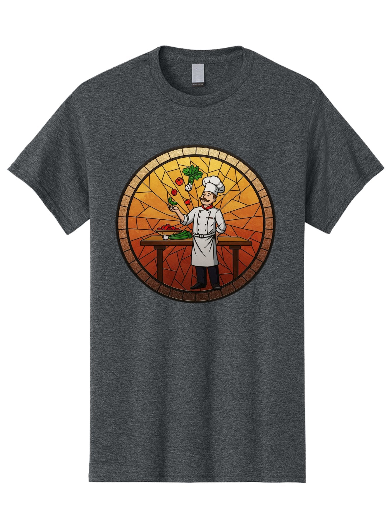 Chef-Juggling-Vegetables Men'S Graphic Tee, 100% Cotton, Comfortable Casual Summer Wear, Machine Washable, Chef Juggling Vegetables, Cooking Art, Stained Glass Style, Culinary Skills, Kitchen Scene, Fresh Produce, Chef'S Hat, Cooking Uniform Bac833 10