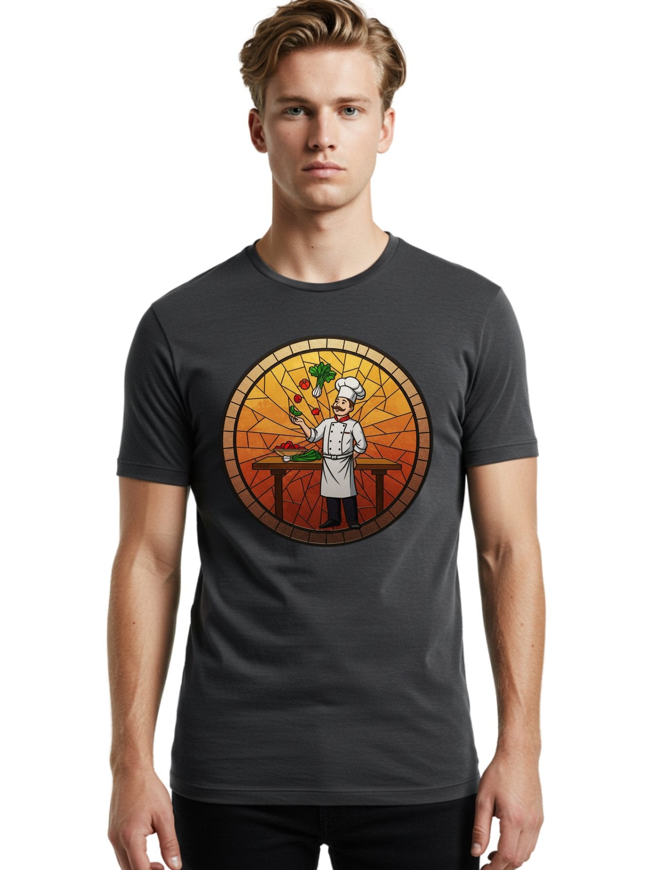 Chef-Juggling-Vegetables Men'S Graphic Tee, 100% Cotton, Comfortable Casual Summer Wear, Machine Washable, Chef Juggling Vegetables, Cooking Art, Stained Glass Style, Culinary Skills, Kitchen Scene, Fresh Produce, Chef'S Hat, Cooking Uniform Bac833 17