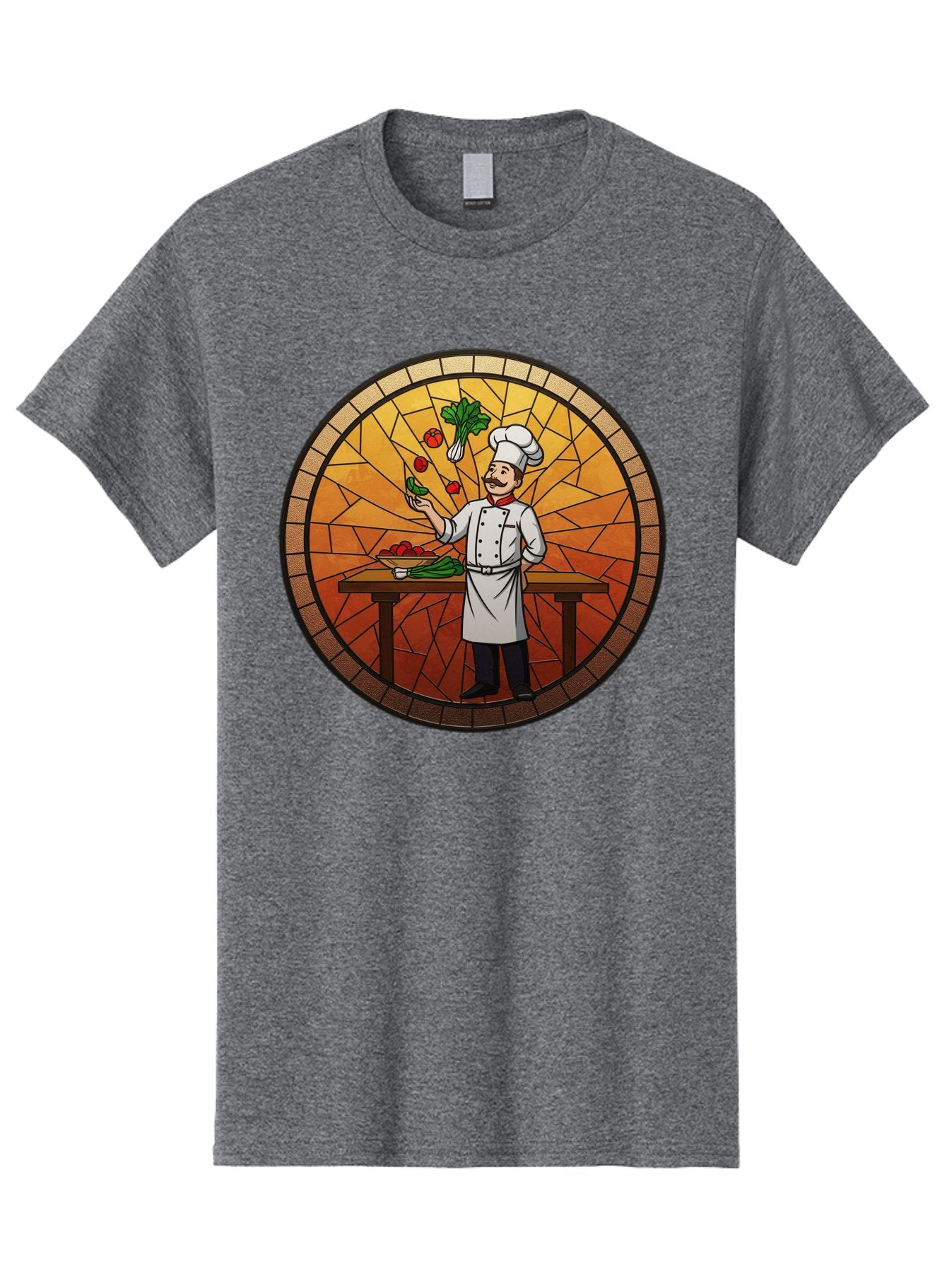 Chef-Juggling-Vegetables Men'S Graphic Tee, 100% Cotton, Comfortable Casual Summer Wear, Machine Washable, Chef Juggling Vegetables, Cooking Art, Stained Glass Style, Culinary Skills, Kitchen Scene, Fresh Produce, Chef'S Hat, Cooking Uniform Bac833 14