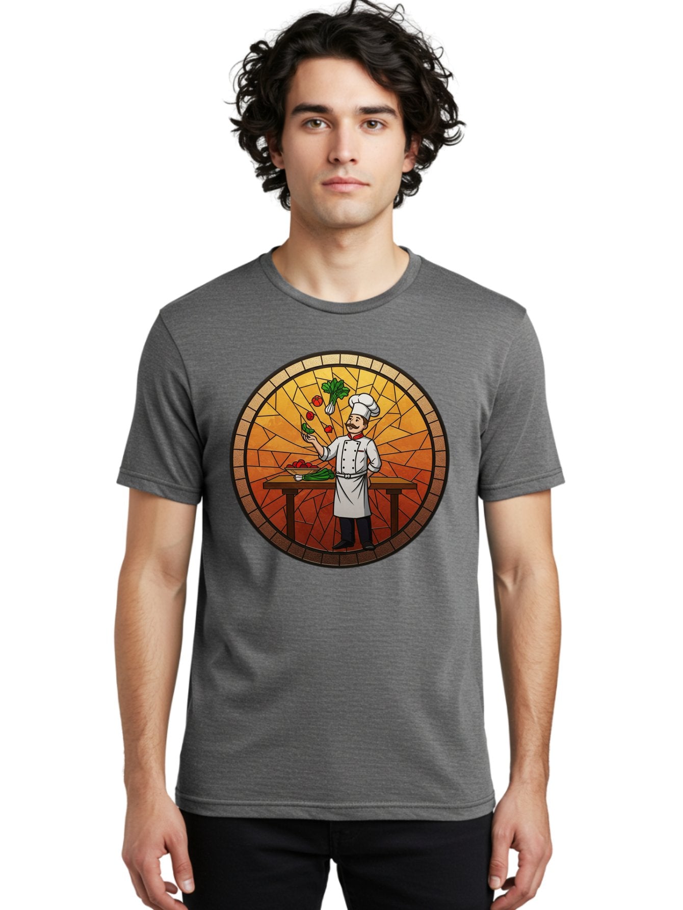 Chef-Juggling-Vegetables Men'S Graphic Tee, 100% Cotton, Comfortable Casual Summer Wear, Machine Washable, Chef Juggling Vegetables, Cooking Art, Stained Glass Style, Culinary Skills, Kitchen Scene, Fresh Produce, Chef'S Hat, Cooking Uniform Bac833 29