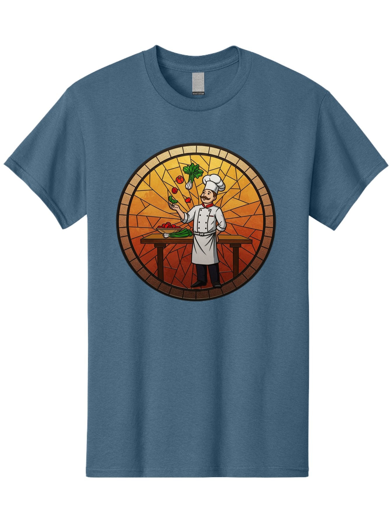 Chef-Juggling-Vegetables Men'S Graphic Tee, 100% Cotton, Comfortable Casual Summer Wear, Machine Washable, Chef Juggling Vegetables, Cooking Art, Stained Glass Style, Culinary Skills, Kitchen Scene, Fresh Produce, Chef'S Hat, Cooking Uniform Bac833 5