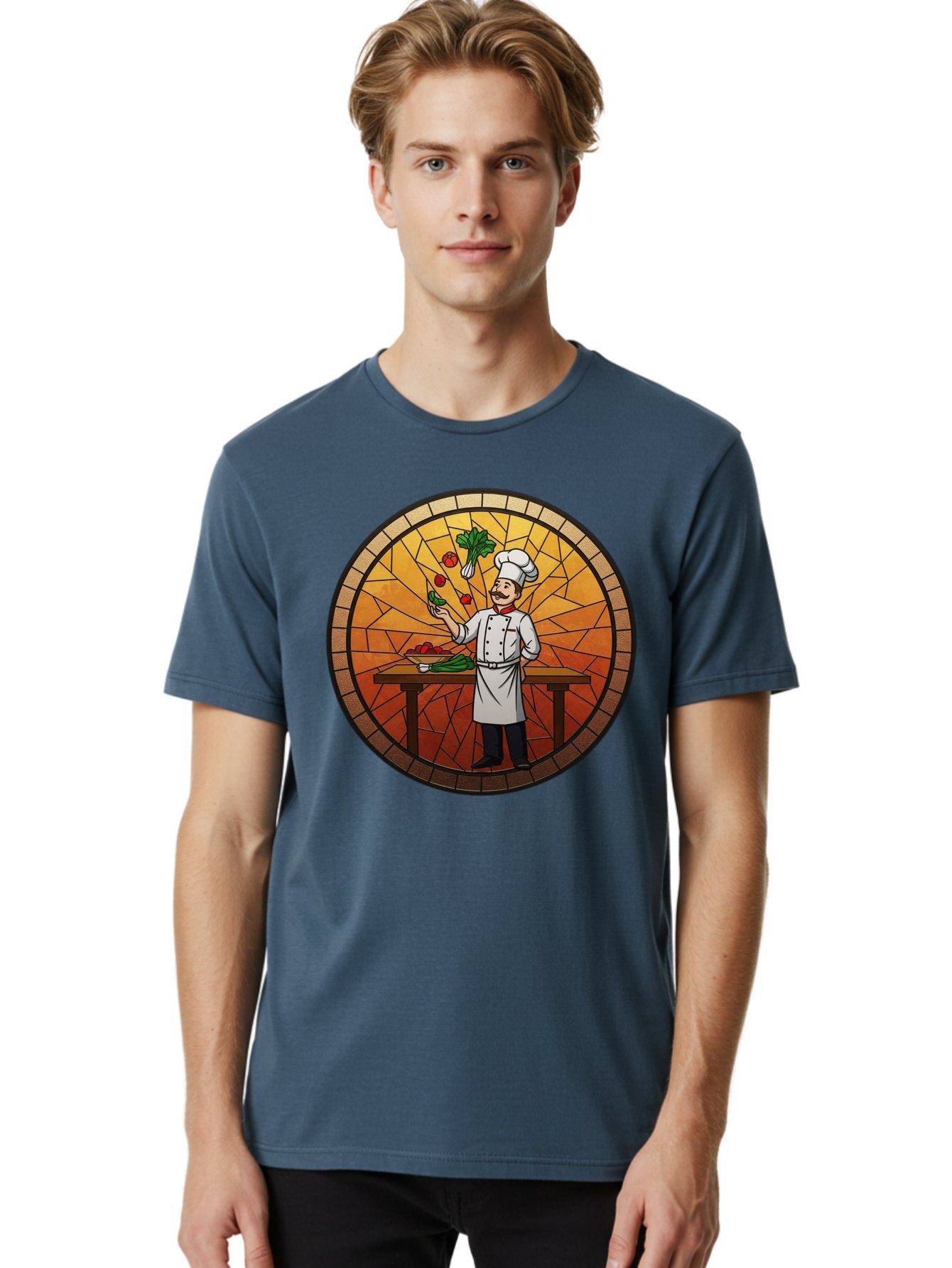 Chef-Juggling-Vegetables Men'S Graphic Tee, 100% Cotton, Comfortable Casual Summer Wear, Machine Washable, Chef Juggling Vegetables, Cooking Art, Stained Glass Style, Culinary Skills, Kitchen Scene, Fresh Produce, Chef'S Hat, Cooking Uniform Bac833 23