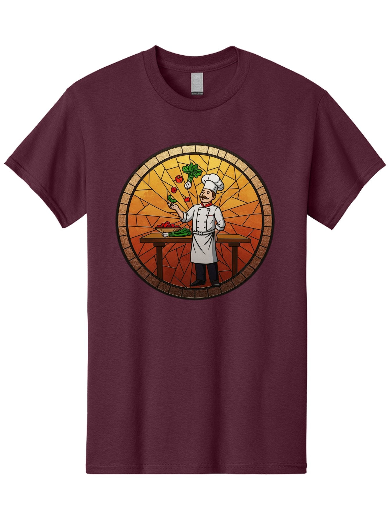Chef-Juggling-Vegetables Men'S Graphic Tee, 100% Cotton, Comfortable Casual Summer Wear, Machine Washable, Chef Juggling Vegetables, Cooking Art, Stained Glass Style, Culinary Skills, Kitchen Scene, Fresh Produce, Chef'S Hat, Cooking Uniform Bac833 15