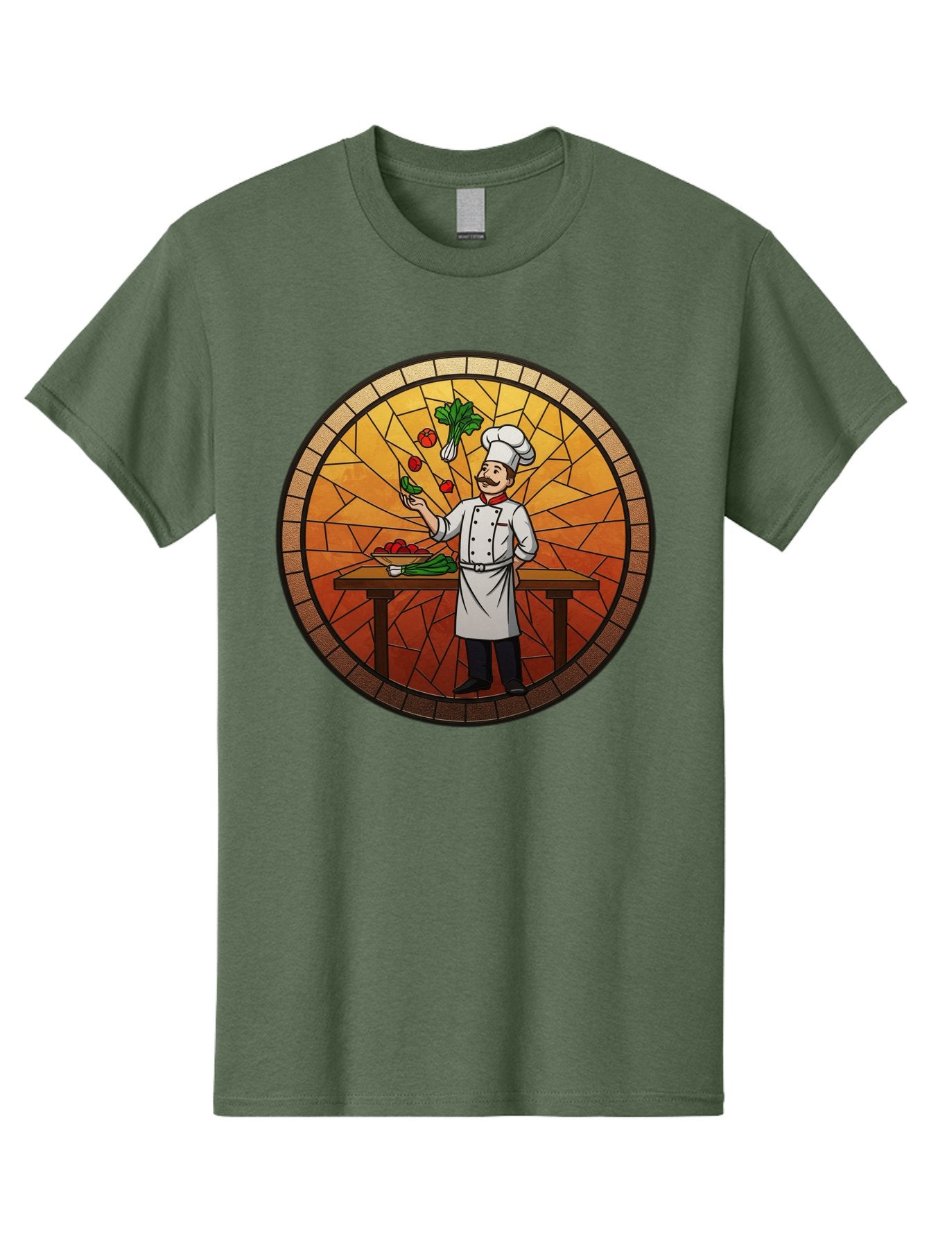 Chef-Juggling-Vegetables Men'S Graphic Tee, 100% Cotton, Comfortable Casual Summer Wear, Machine Washable, Chef Juggling Vegetables, Cooking Art, Stained Glass Style, Culinary Skills, Kitchen Scene, Fresh Produce, Chef'S Hat, Cooking Uniform Bac833 12