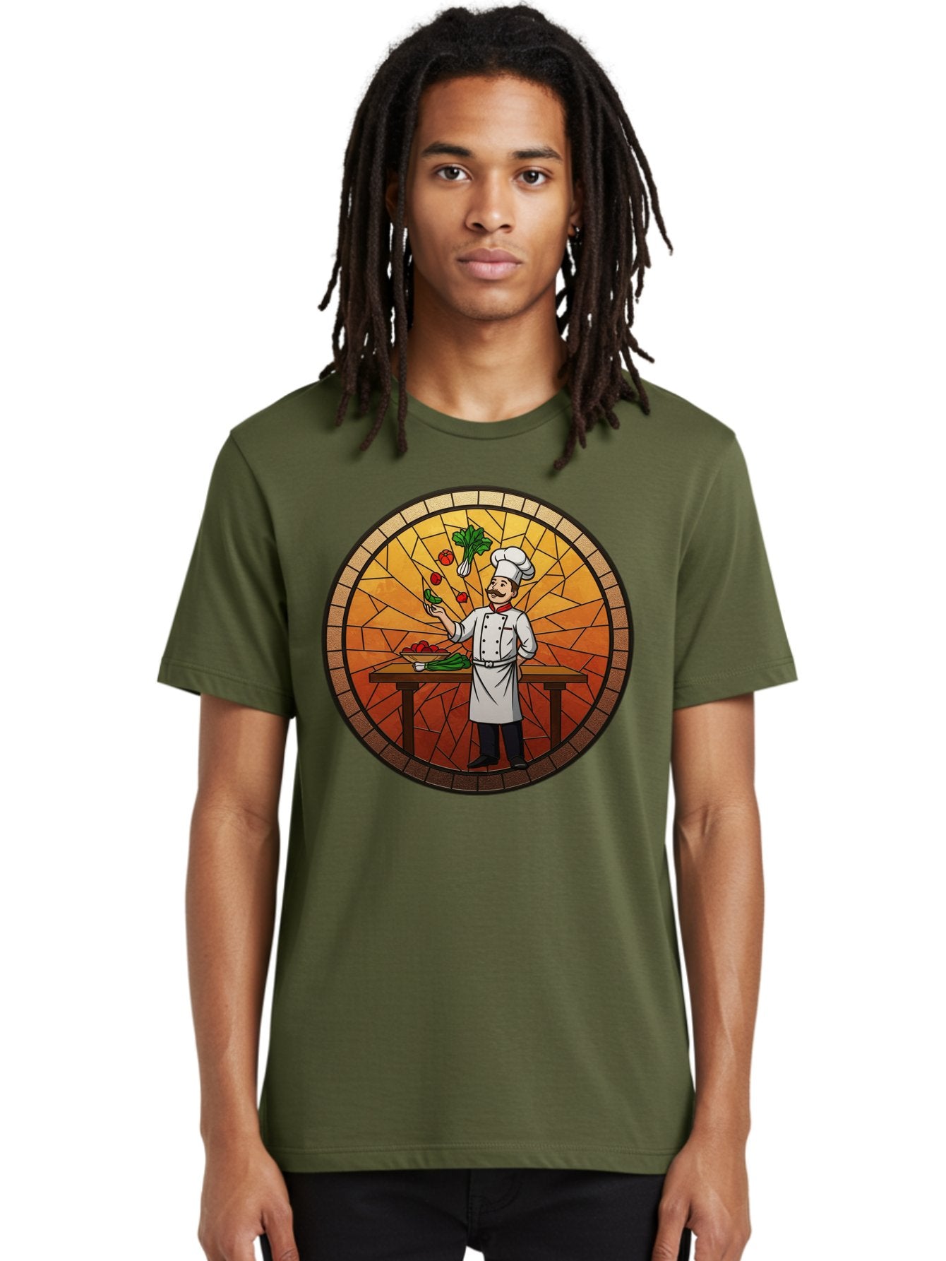 Chef-Juggling-Vegetables Men'S Graphic Tee, 100% Cotton, Comfortable Casual Summer Wear, Machine Washable, Chef Juggling Vegetables, Cooking Art, Stained Glass Style, Culinary Skills, Kitchen Scene, Fresh Produce, Chef'S Hat, Cooking Uniform Bac833 28