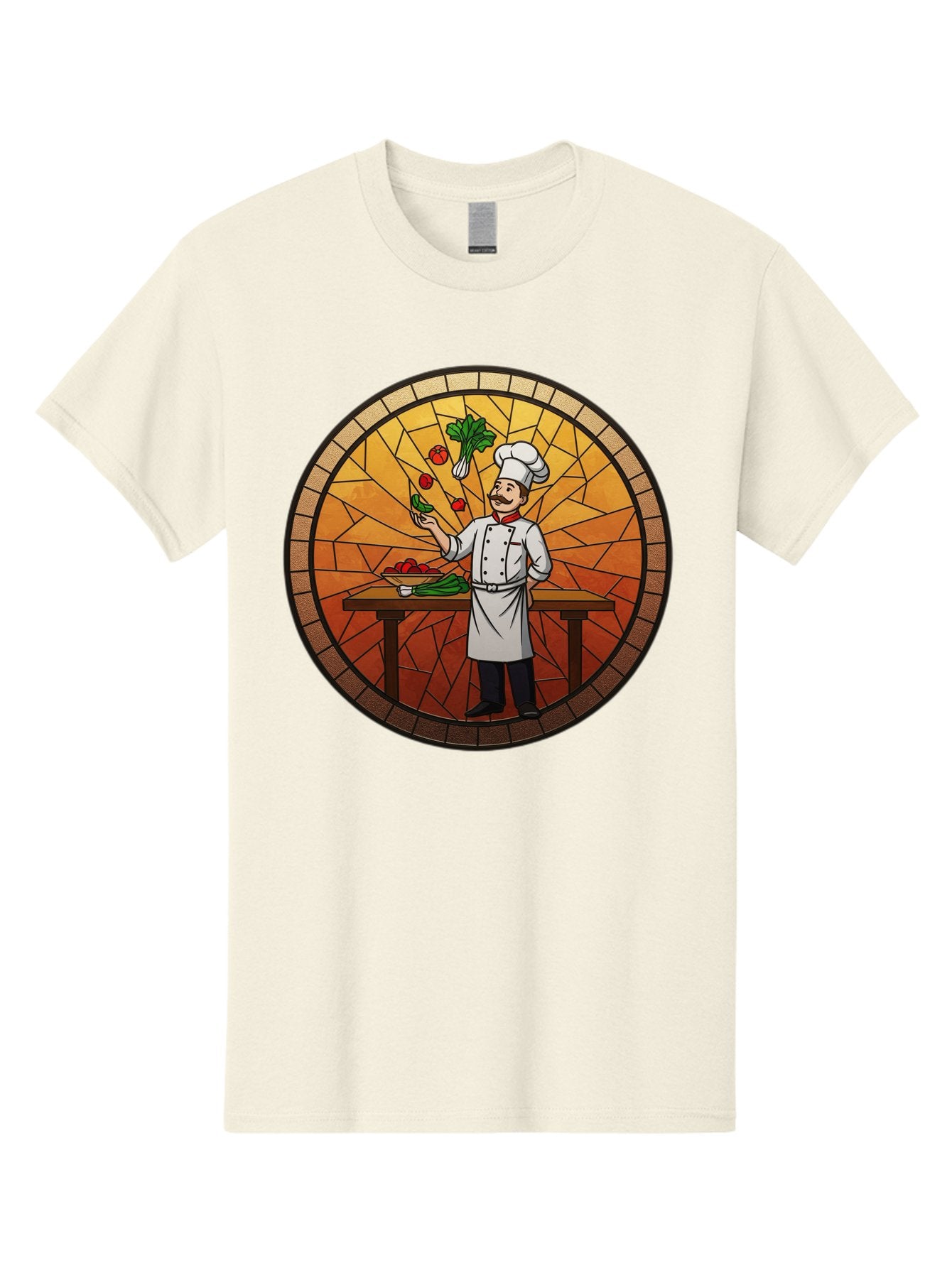Chef-Juggling-Vegetables Men'S Graphic Tee, 100% Cotton, Comfortable Casual Summer Wear, Machine Washable, Chef Juggling Vegetables, Cooking Art, Stained Glass Style, Culinary Skills, Kitchen Scene, Fresh Produce, Chef'S Hat, Cooking Uniform Bac833 7