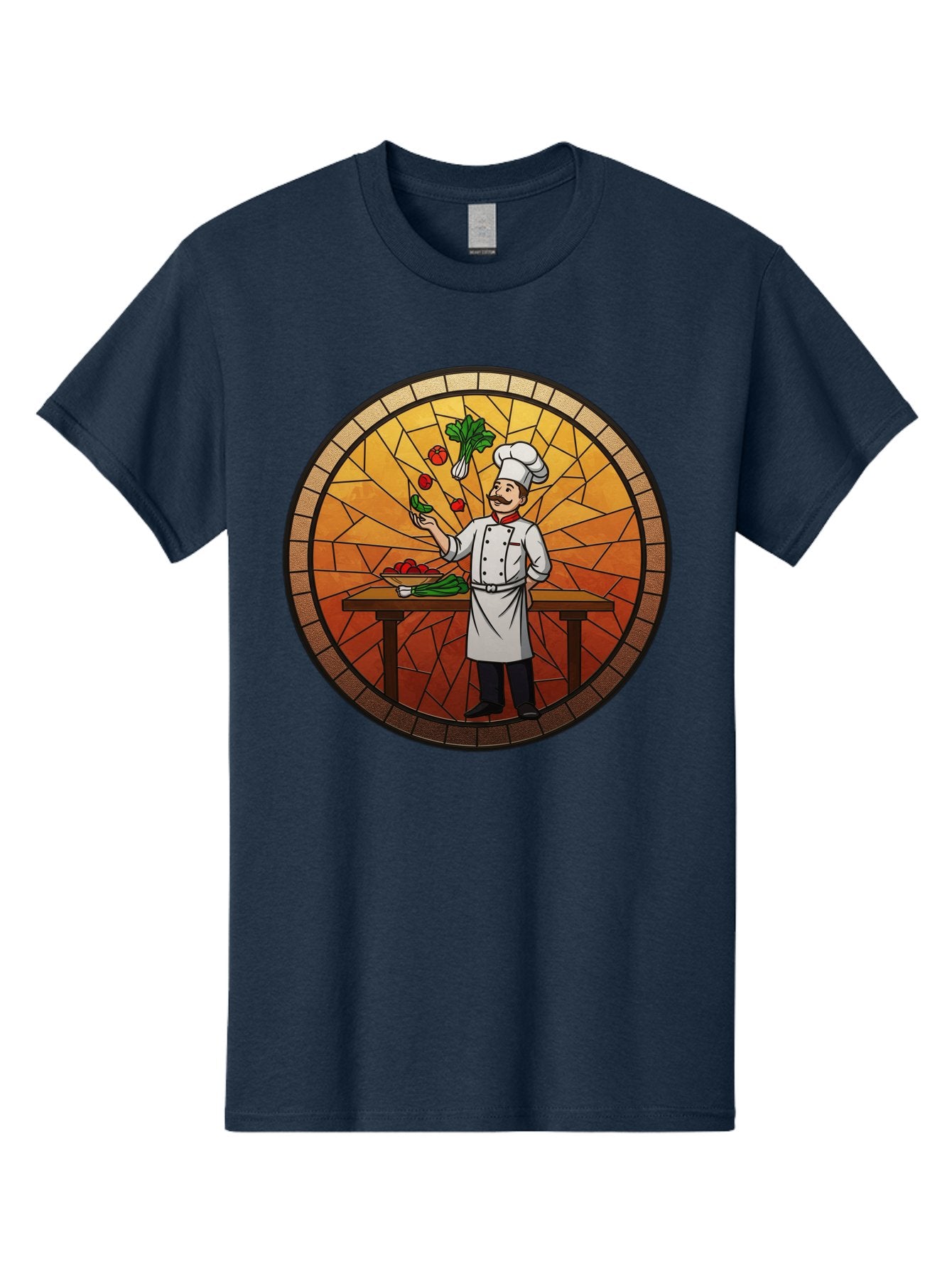 Chef-Juggling-Vegetables Men'S Graphic Tee, 100% Cotton, Comfortable Casual Summer Wear, Machine Washable, Chef Juggling Vegetables, Cooking Art, Stained Glass Style, Culinary Skills, Kitchen Scene, Fresh Produce, Chef'S Hat, Cooking Uniform Bac833 6