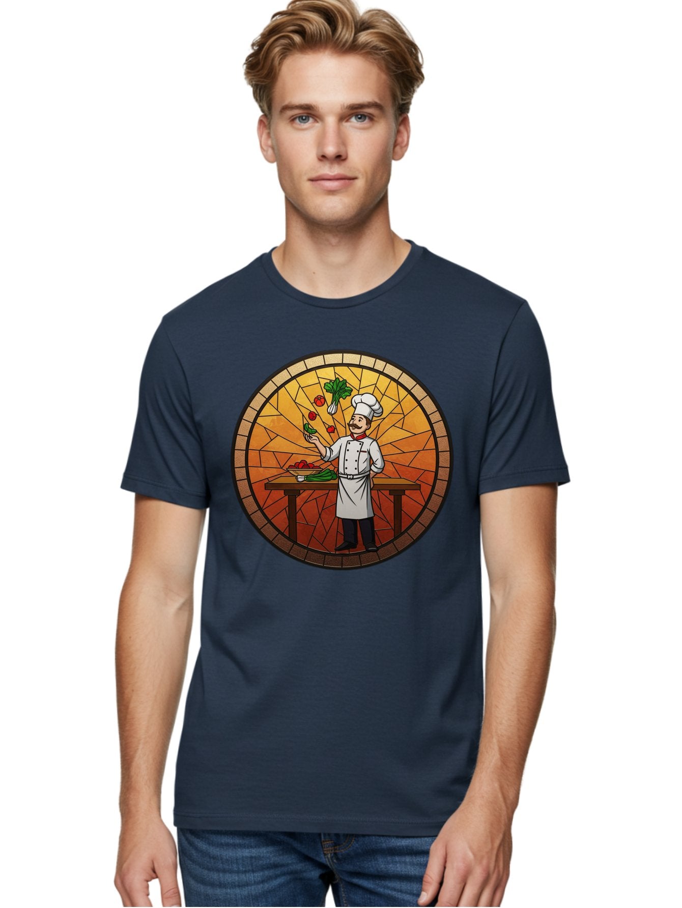 Chef-Juggling-Vegetables Men'S Graphic Tee, 100% Cotton, Comfortable Casual Summer Wear, Machine Washable, Chef Juggling Vegetables, Cooking Art, Stained Glass Style, Culinary Skills, Kitchen Scene, Fresh Produce, Chef'S Hat, Cooking Uniform Bac833 24