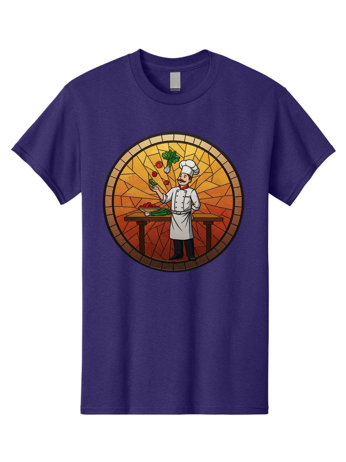 Chef-Juggling-Vegetables Men'S Graphic Tee, 100% Cotton, Comfortable Casual Summer Wear, Machine Washable, Chef Juggling Vegetables, Cooking Art, Stained Glass Style, Culinary Skills, Kitchen Scene, Fresh Produce, Chef'S Hat, Cooking Uniform Bac833