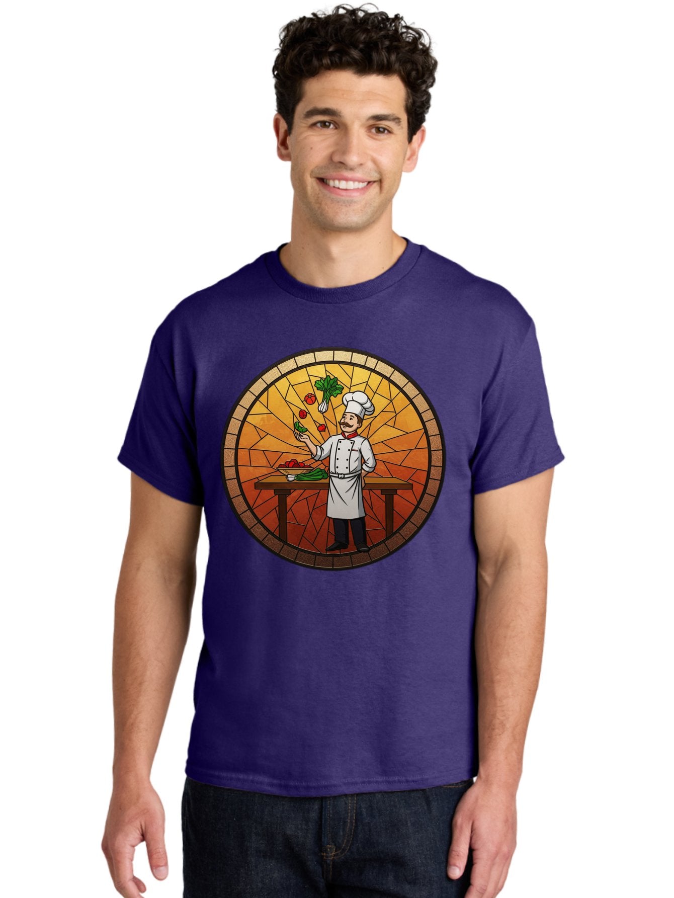 Chef-Juggling-Vegetables Men'S Graphic Tee, 100% Cotton, Comfortable Casual Summer Wear, Machine Washable, Chef Juggling Vegetables, Cooking Art, Stained Glass Style, Culinary Skills, Kitchen Scene, Fresh Produce, Chef'S Hat, Cooking Uniform Bac833 19