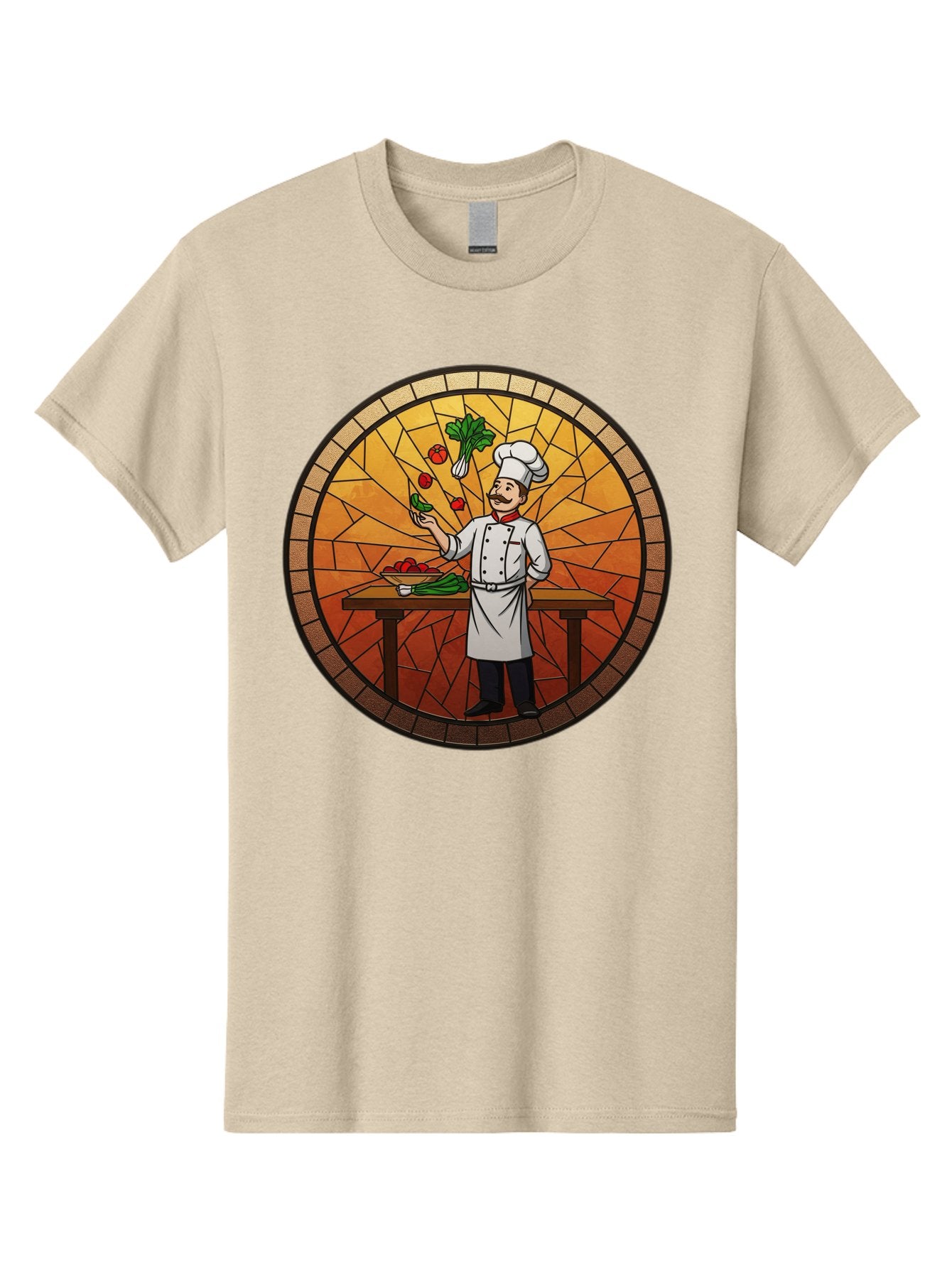 Chef-Juggling-Vegetables Men'S Graphic Tee, 100% Cotton, Comfortable Casual Summer Wear, Machine Washable, Chef Juggling Vegetables, Cooking Art, Stained Glass Style, Culinary Skills, Kitchen Scene, Fresh Produce, Chef'S Hat, Cooking Uniform Bac833 3