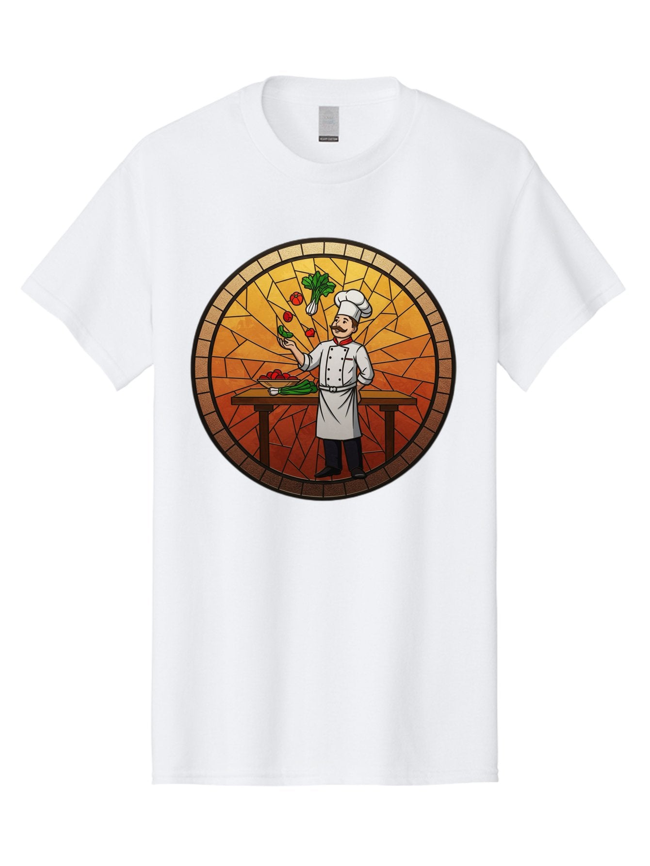 Chef-Juggling-Vegetables Men'S Graphic Tee, 100% Cotton, Comfortable Casual Summer Wear, Machine Washable, Chef Juggling Vegetables, Cooking Art, Stained Glass Style, Culinary Skills, Kitchen Scene, Fresh Produce, Chef'S Hat, Cooking Uniform Bac833 8