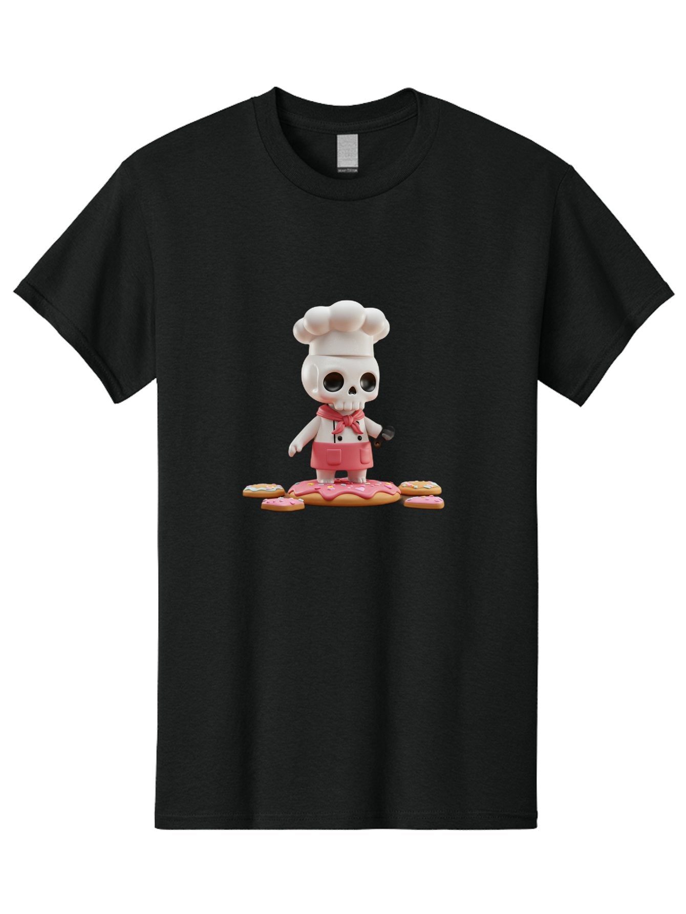 Chef-Skeleton Men'S Graphic Tee, 100% Cotton, Comfortable Casual Summer Wear, Machine Washable, Skull Chef Figurine, Chef Hat, Red Apron, Kitchen Utensils, Donut Decorations, Sweet Treats, Culinary Art, Figurine Art, Whimsical Design, Bac837 3
