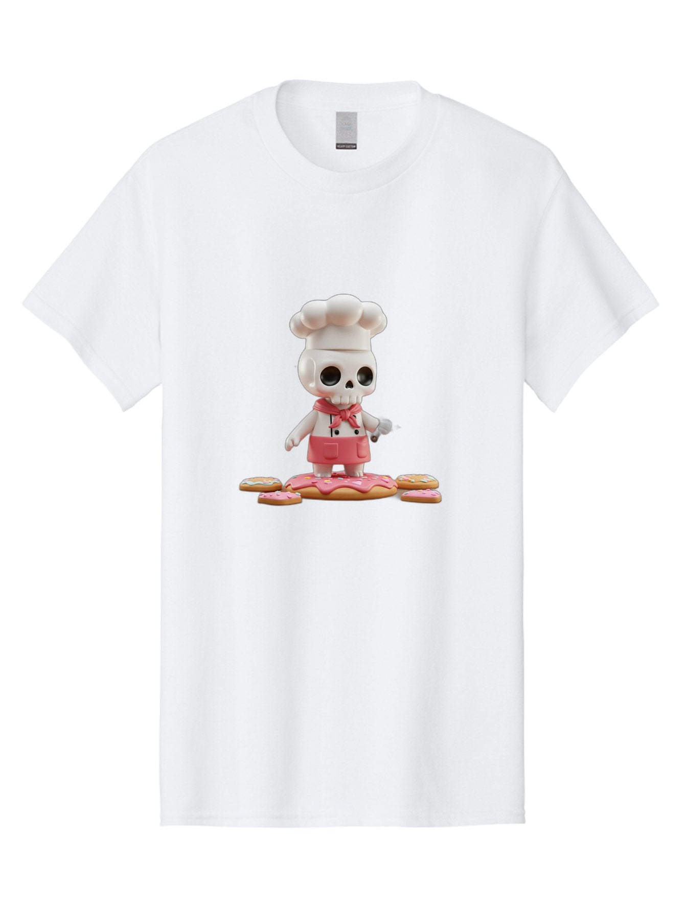 Chef-Skeleton Men'S Graphic Tee, 100% Cotton, Comfortable Casual Summer Wear, Machine Washable, Skull Chef Figurine, Chef Hat, Red Apron, Kitchen Utensils, Donut Decorations, Sweet Treats, Culinary Art, Figurine Art, Whimsical Design, Bac837