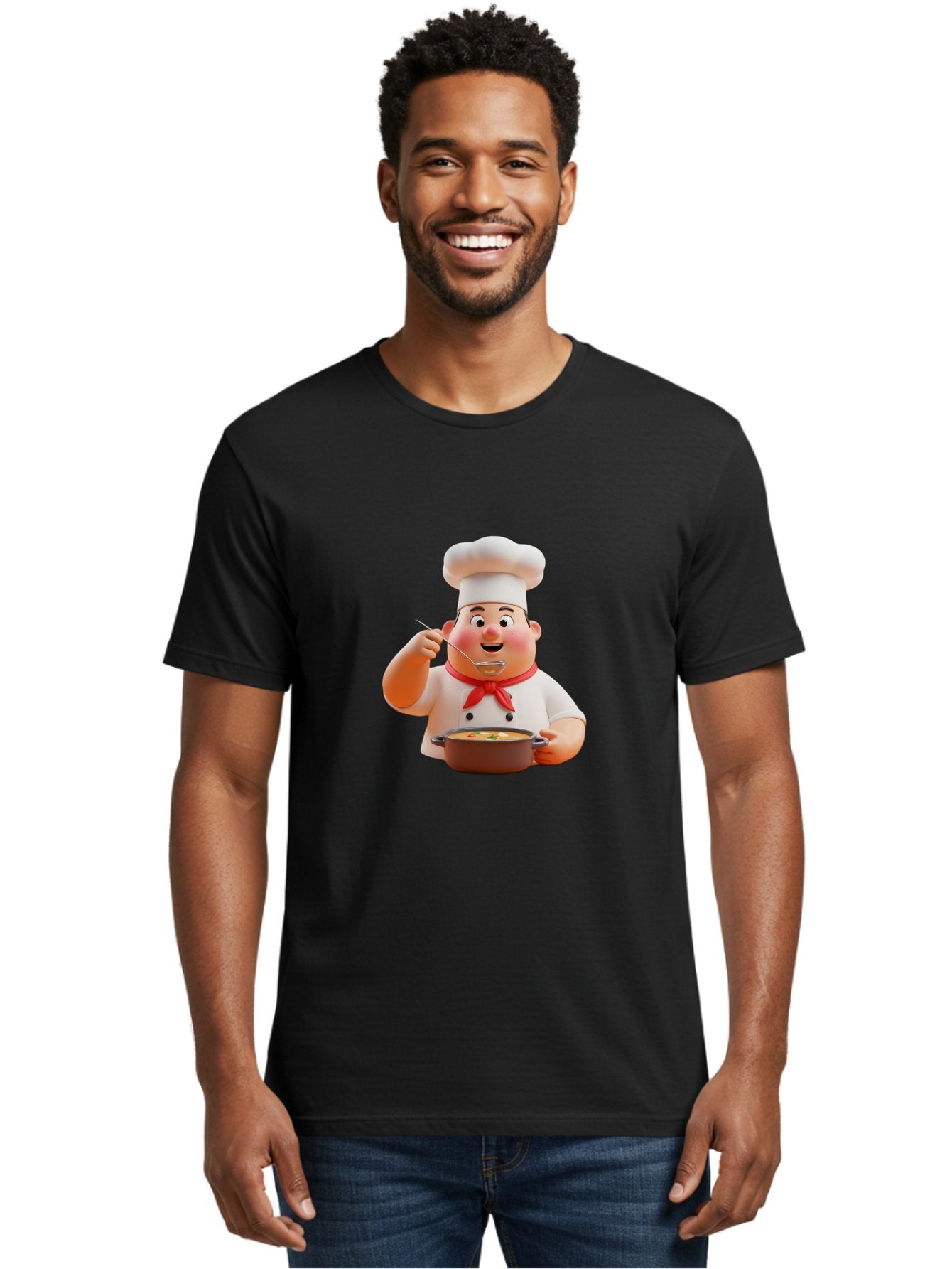 Chef-Tasting-Soup Men'S Graphic Tee, 100% Cotton, Comfortable Casual Summer Wear, Machine Washable, Chef Holding Pot, Serving Soup, Culinary Art, Chef Hat, Red Scarf, Cooking, Delicious Meal, Gourmet Cuisine, Savory Flavors, Food Presentation, Bac839 27