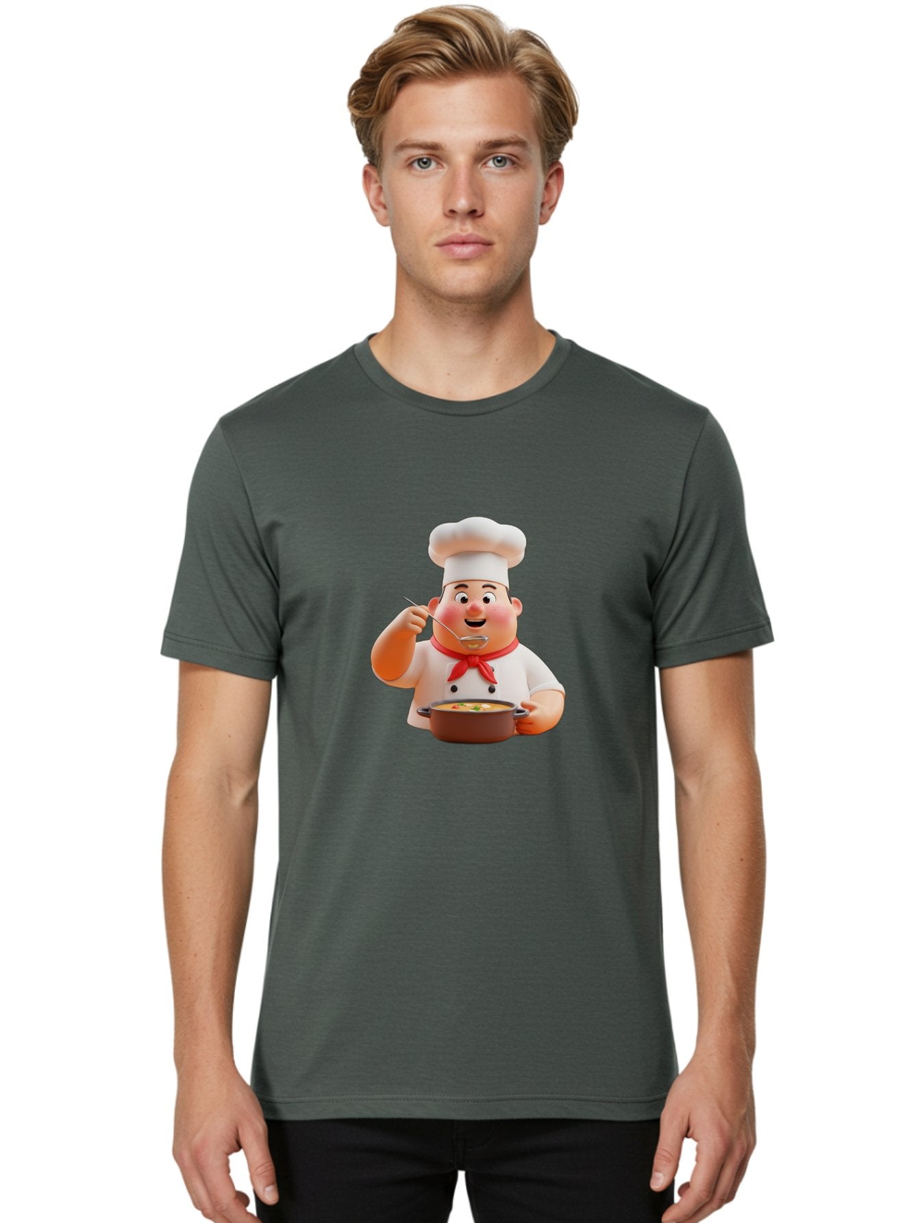 Chef-Tasting-Soup Men'S Graphic Tee, 100% Cotton, Comfortable Casual Summer Wear, Machine Washable, Chef Holding Pot, Serving Soup, Culinary Art, Chef Hat, Red Scarf, Cooking, Delicious Meal, Gourmet Cuisine, Savory Flavors, Food Presentation, Bac839 28