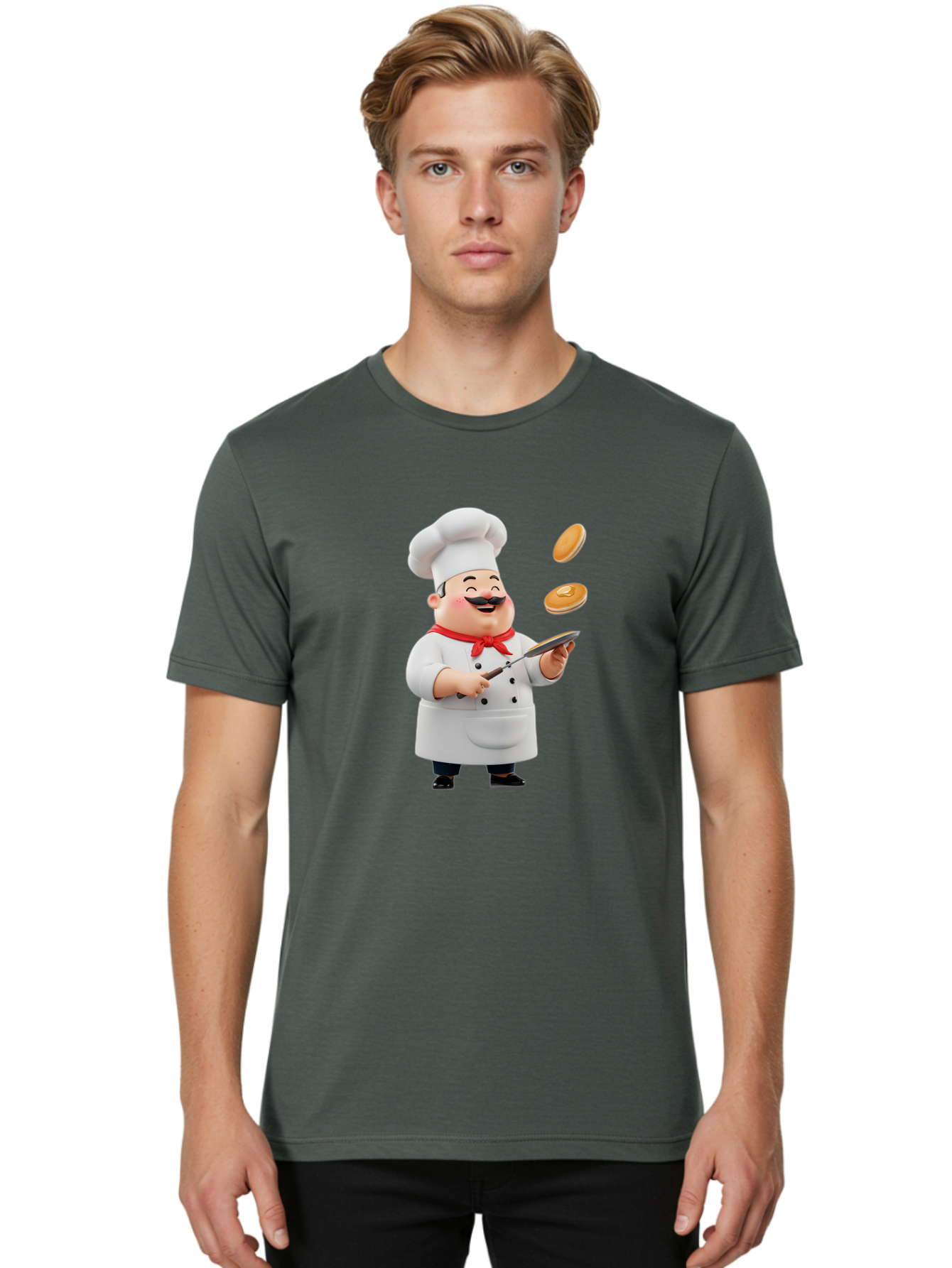 Chef-Tossing-Pancakes Men'S Graphic Tee, 100% Cotton, Comfortable Casual Summer Wear, Machine Washable, Chef Cooking Pancakes, Happy Chef, Kitchen Fun, Breakfast Cooking, Food Preparation, Chef Hat, Cooking With Love, Pancakes In Air, Bac840 22