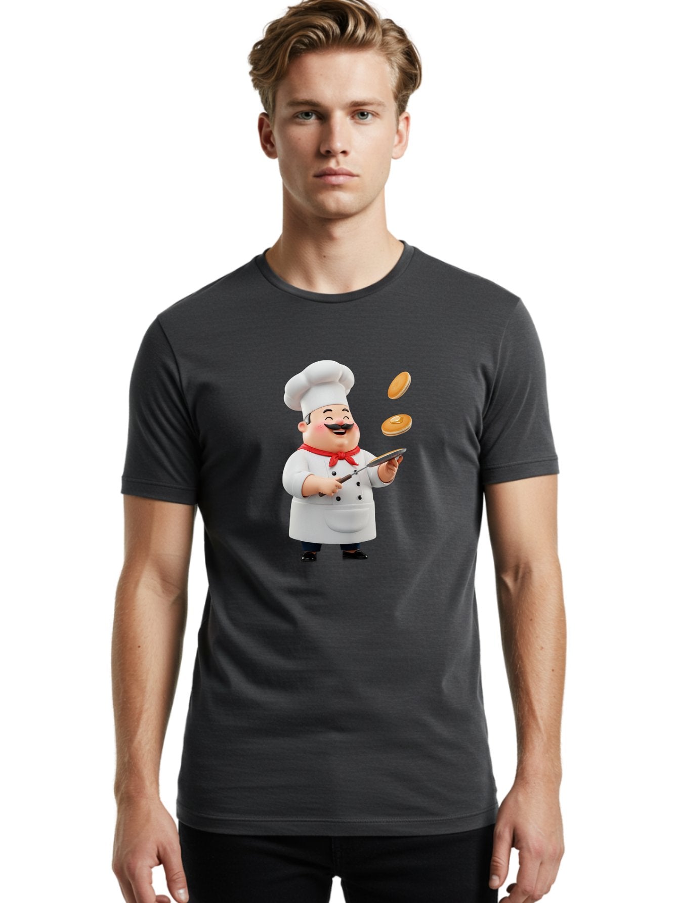 Chef-Tossing-Pancakes Men'S Graphic Tee, 100% Cotton, Comfortable Casual Summer Wear, Machine Washable, Chef Cooking Pancakes, Happy Chef, Kitchen Fun, Breakfast Cooking, Food Preparation, Chef Hat, Cooking With Love, Pancakes In Air, Bac840 30