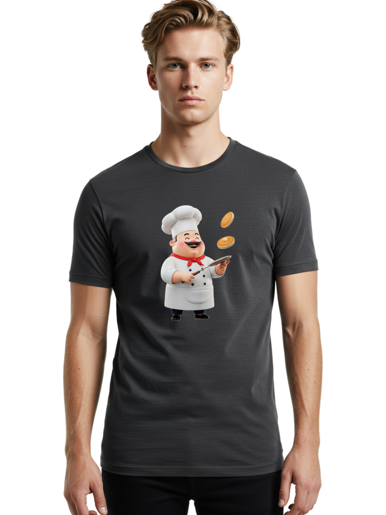 Chef-Tossing-Pancakes Men'S Graphic Tee, 100% Cotton, Comfortable Casual Summer Wear, Machine Washable, Chef Cooking Pancakes, Happy Chef, Kitchen Fun, Breakfast Cooking, Food Preparation, Chef Hat, Cooking With Love, Pancakes In Air, Bac840 16