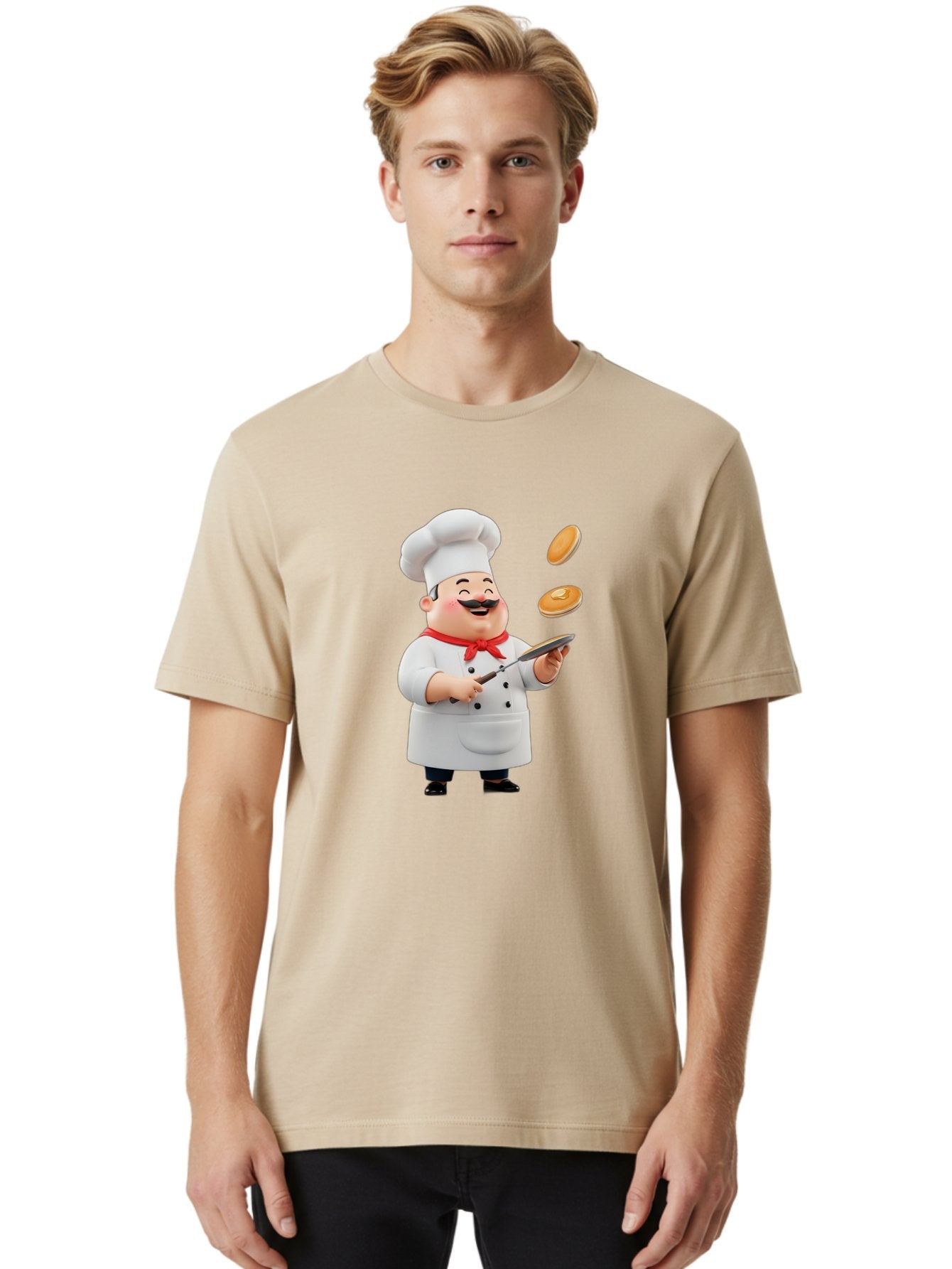 Chef-Tossing-Pancakes Men'S Graphic Tee, 100% Cotton, Comfortable Casual Summer Wear, Machine Washable, Chef Cooking Pancakes, Happy Chef, Kitchen Fun, Breakfast Cooking, Food Preparation, Chef Hat, Cooking With Love, Pancakes In Air, Bac840 18