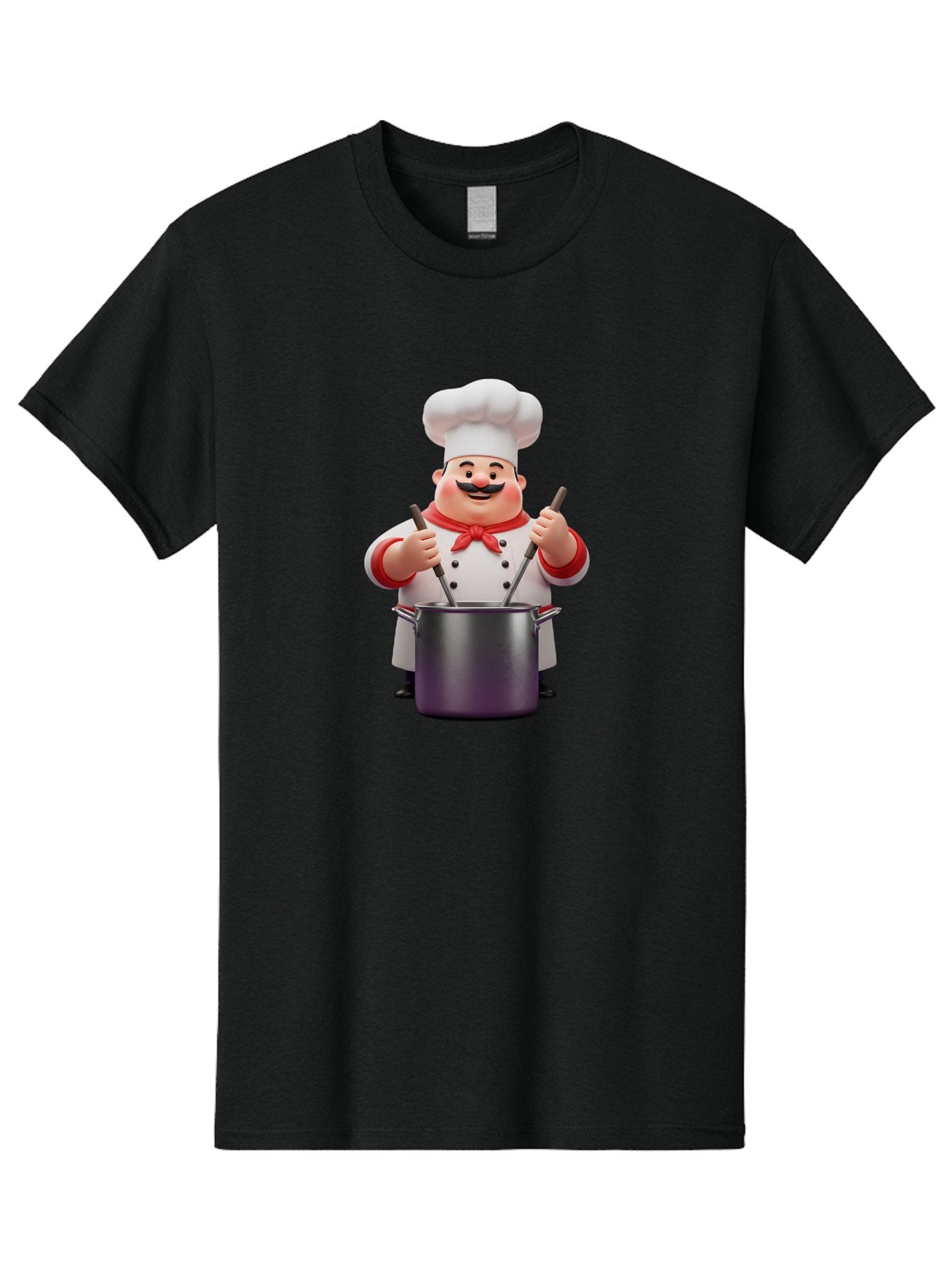 Chef-With-Mustache Men'S Graphic Tee, 100% Cotton, Comfortable Casual Summer Wear, Machine Washable, Cartoon Chef, Cooking Utensils, Kitchen Tools, Chef Hat, Chef Coat, Red Neckerchief, Mustache, Large Pot, Cooking Spoons, Culinary Art, Bac842 10