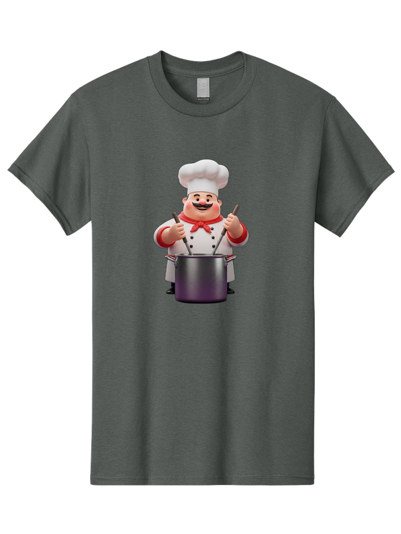 Chef-With-Mustache Men'S Graphic Tee, 100% Cotton, Comfortable Casual Summer Wear, Machine Washable, Cartoon Chef, Cooking Utensils, Kitchen Tools, Chef Hat, Chef Coat, Red Neckerchief, Mustache, Large Pot, Cooking Spoons, Culinary Art, Bac842 5