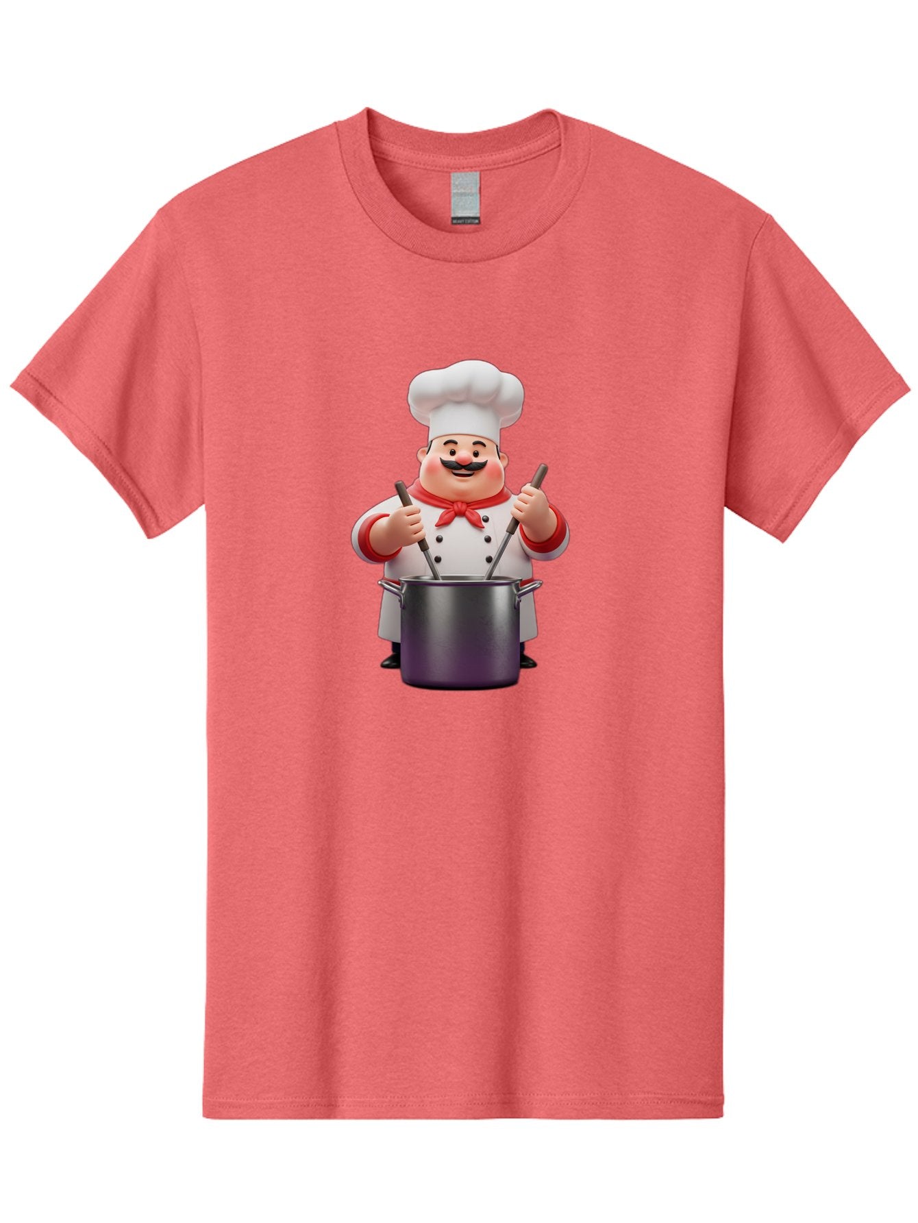 Chef-With-Mustache Men'S Graphic Tee, 100% Cotton, Comfortable Casual Summer Wear, Machine Washable, Cartoon Chef, Cooking Utensils, Kitchen Tools, Chef Hat, Chef Coat, Red Neckerchief, Mustache, Large Pot, Cooking Spoons, Culinary Art, Bac842