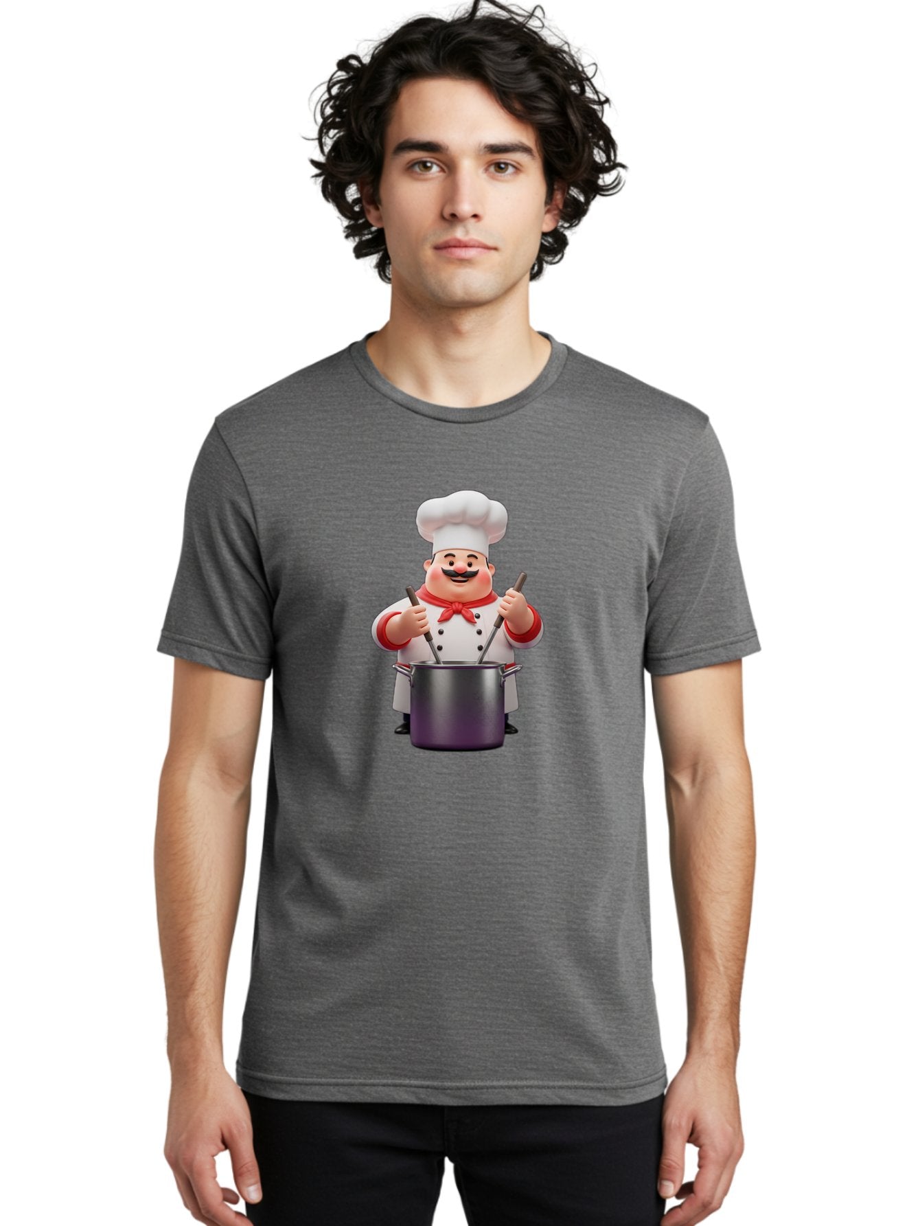 Chef-With-Mustache Men'S Graphic Tee, 100% Cotton, Comfortable Casual Summer Wear, Machine Washable, Cartoon Chef, Cooking Utensils, Kitchen Tools, Chef Hat, Chef Coat, Red Neckerchief, Mustache, Large Pot, Cooking Spoons, Culinary Art, Bac842 18