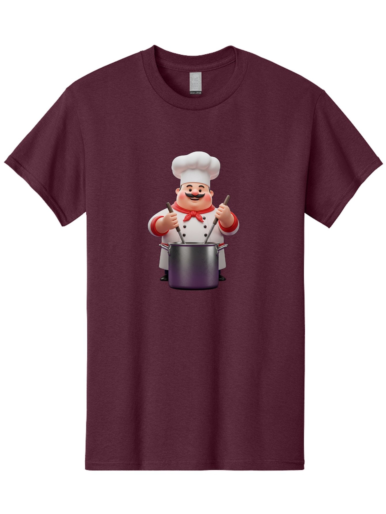 Chef-With-Mustache Men'S Graphic Tee, 100% Cotton, Comfortable Casual Summer Wear, Machine Washable, Cartoon Chef, Cooking Utensils, Kitchen Tools, Chef Hat, Chef Coat, Red Neckerchief, Mustache, Large Pot, Cooking Spoons, Culinary Art, Bac842 9