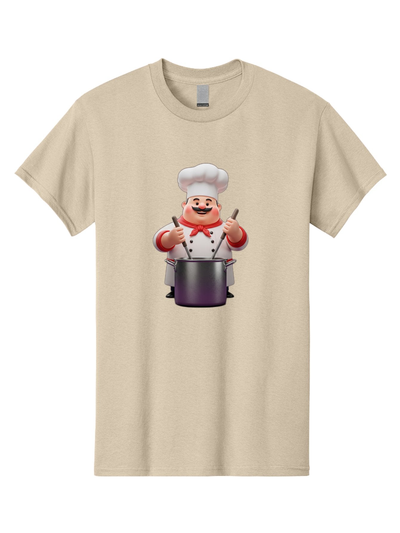 Chef-With-Mustache Men'S Graphic Tee, 100% Cotton, Comfortable Casual Summer Wear, Machine Washable, Cartoon Chef, Cooking Utensils, Kitchen Tools, Chef Hat, Chef Coat, Red Neckerchief, Mustache, Large Pot, Cooking Spoons, Culinary Art, Bac842 6