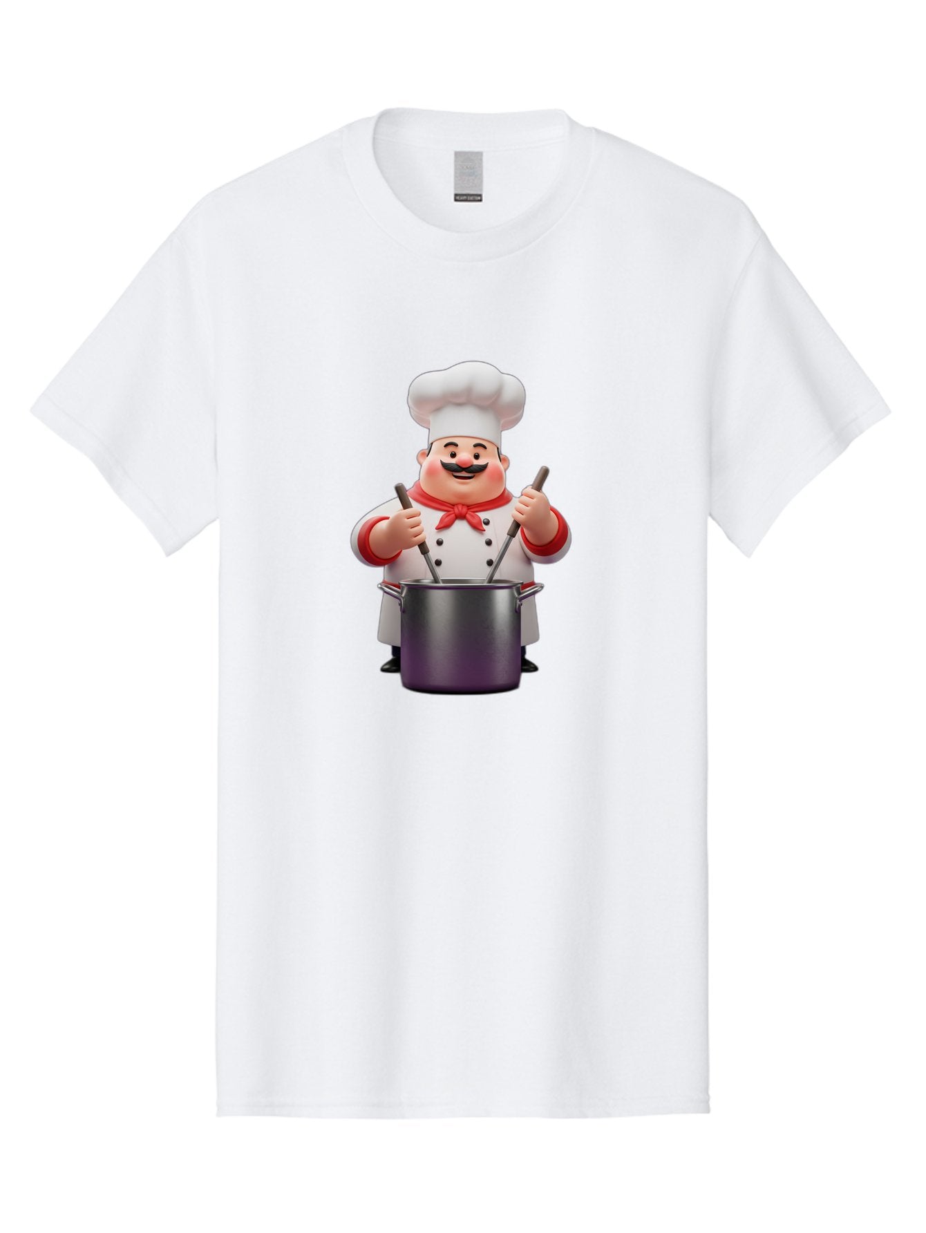 Chef-With-Mustache Men'S Graphic Tee, 100% Cotton, Comfortable Casual Summer Wear, Machine Washable, Cartoon Chef, Cooking Utensils, Kitchen Tools, Chef Hat, Chef Coat, Red Neckerchief, Mustache, Large Pot, Cooking Spoons, Culinary Art, Bac842 12