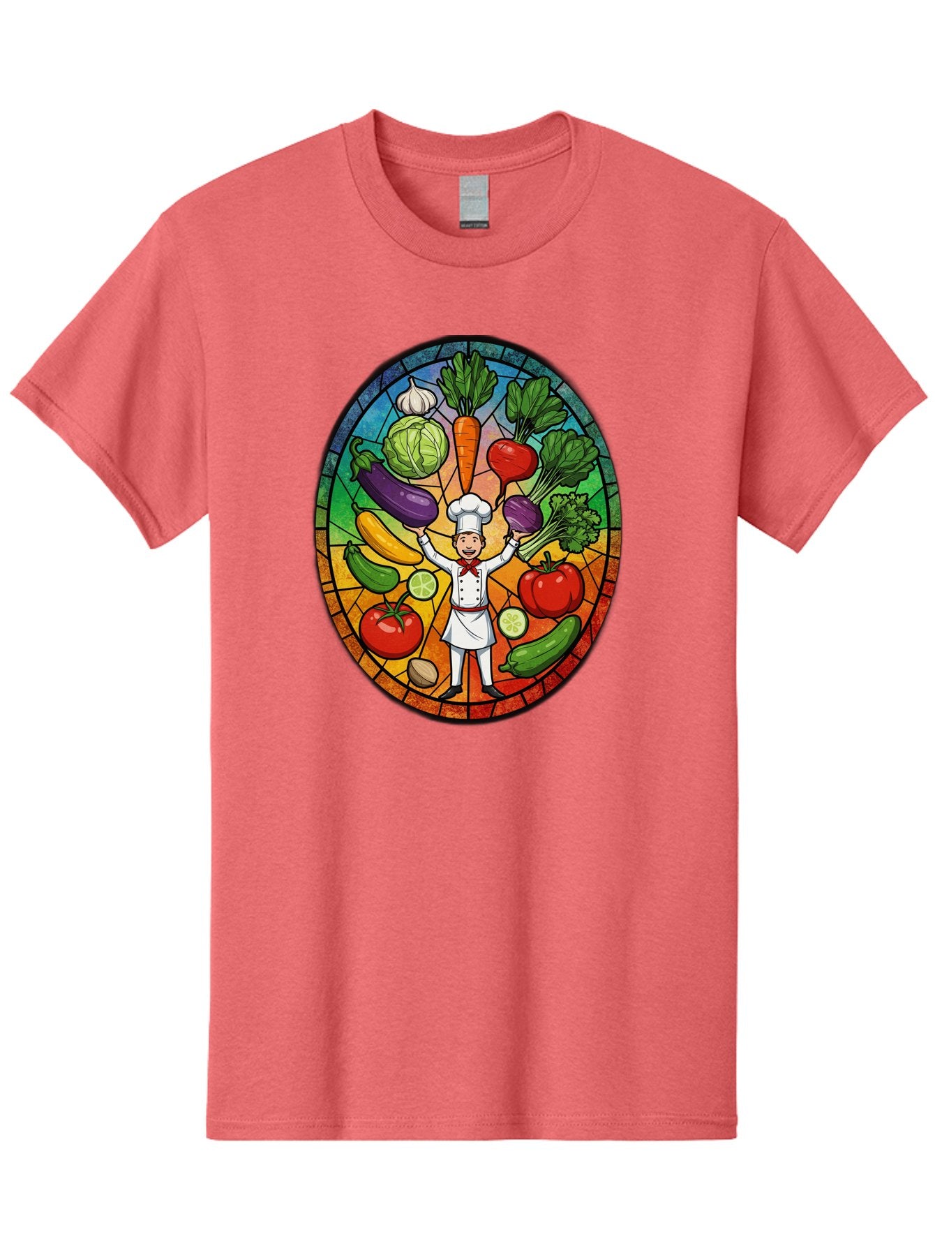 Chef-With-Vegetables Men'S Graphic Tee, 100% Cotton, Comfortable Casual Summer Wear, Machine Washable, Cartoon Chef, Fresh Vegetables, Healthy Food, Stained Glass Style, Vibrant Colors, Chef'S Hat, White Uniform, Red Scarf, Happy Chef, Bac843 8