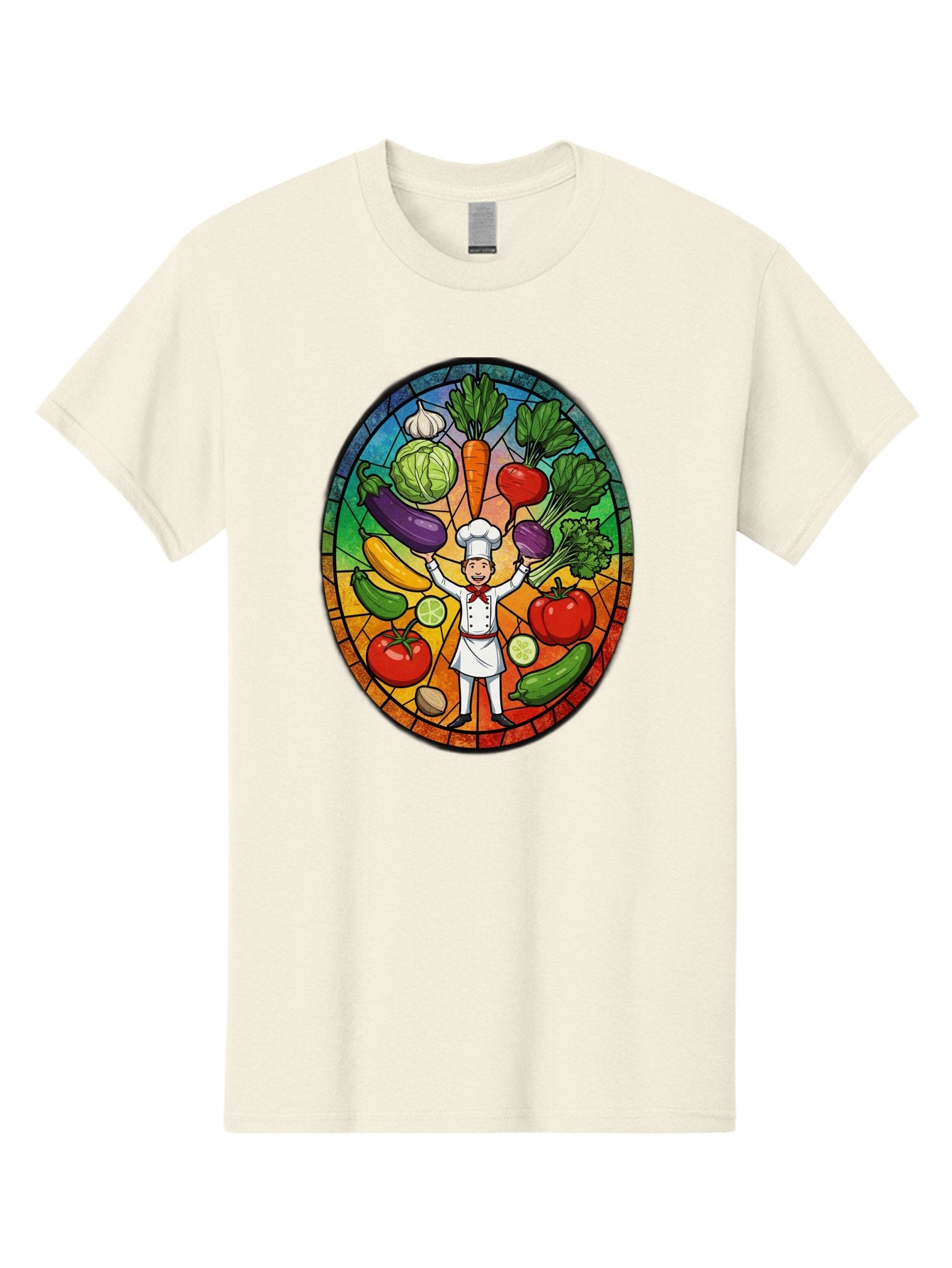 Chef-With-Vegetables Men'S Graphic Tee, 100% Cotton, Comfortable Casual Summer Wear, Machine Washable, Cartoon Chef, Fresh Vegetables, Healthy Food, Stained Glass Style, Vibrant Colors, Chef'S Hat, White Uniform, Red Scarf, Happy Chef, Bac843 13