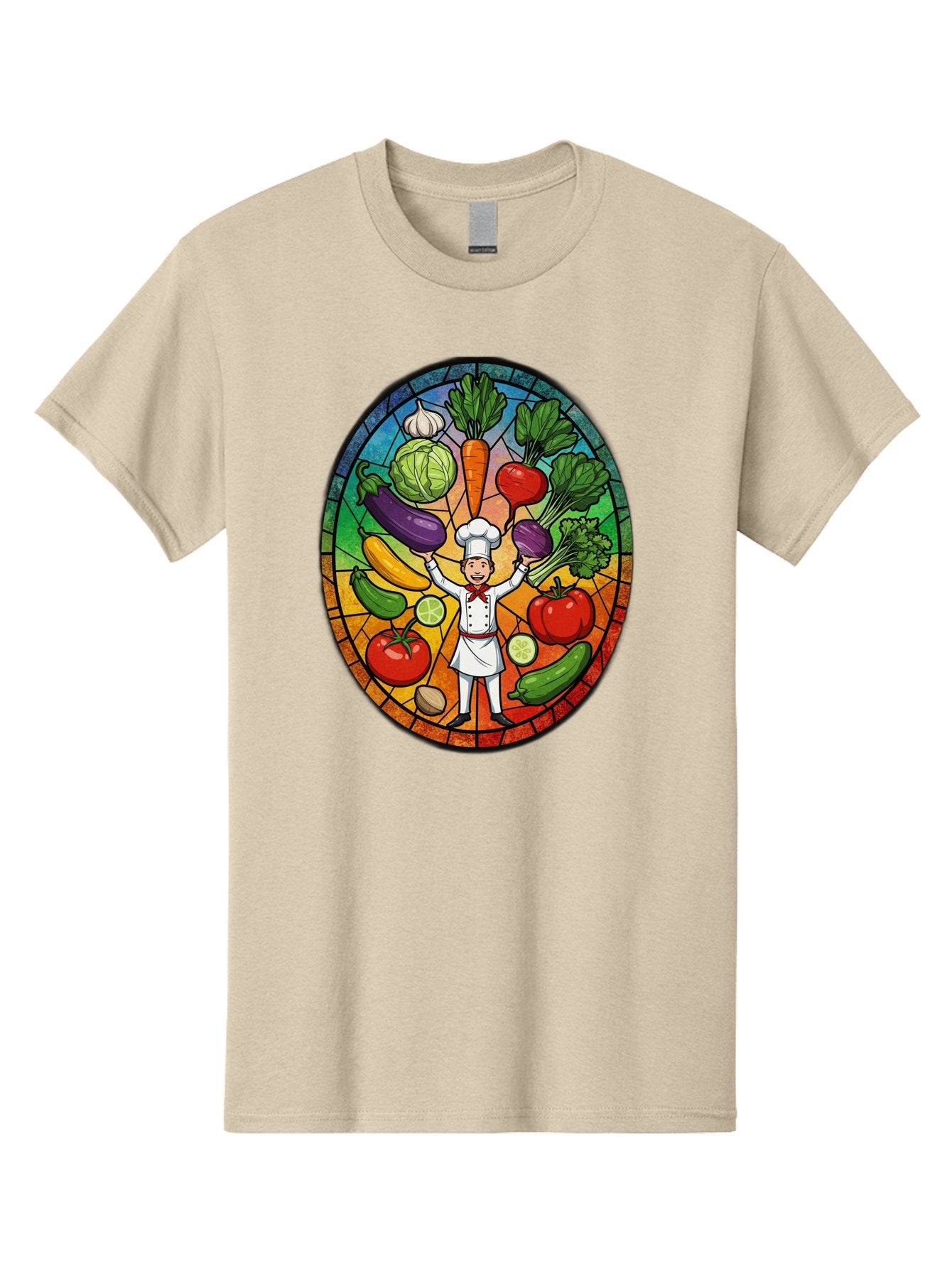 Chef-With-Vegetables Men'S Graphic Tee, 100% Cotton, Comfortable Casual Summer Wear, Machine Washable, Cartoon Chef, Fresh Vegetables, Healthy Food, Stained Glass Style, Vibrant Colors, Chef'S Hat, White Uniform, Red Scarf, Happy Chef, Bac843 4