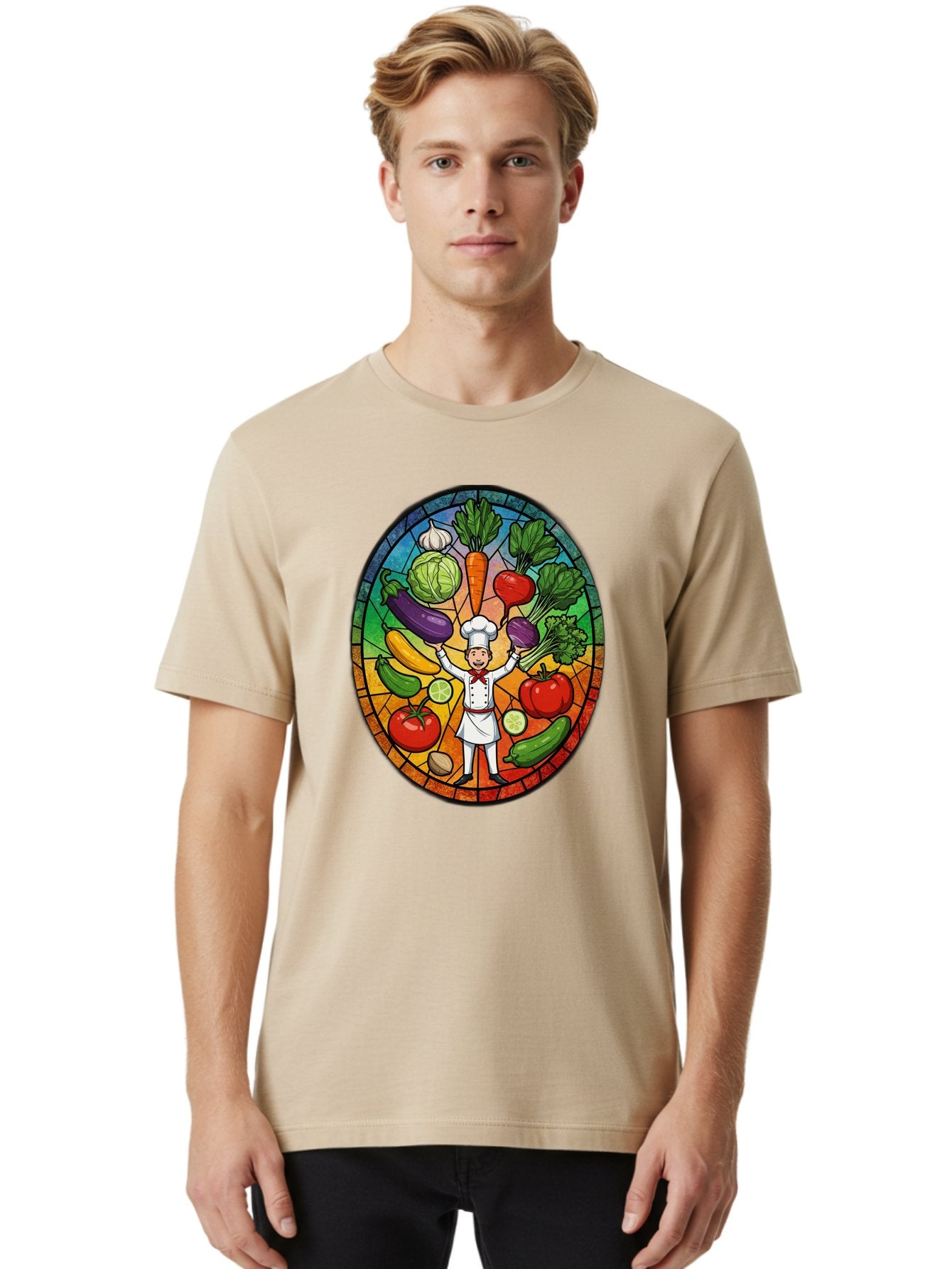 Chef-With-Vegetables Men'S Graphic Tee, 100% Cotton, Comfortable Casual Summer Wear, Machine Washable, Cartoon Chef, Fresh Vegetables, Healthy Food, Stained Glass Style, Vibrant Colors, Chef'S Hat, White Uniform, Red Scarf, Happy Chef, Bac843 18