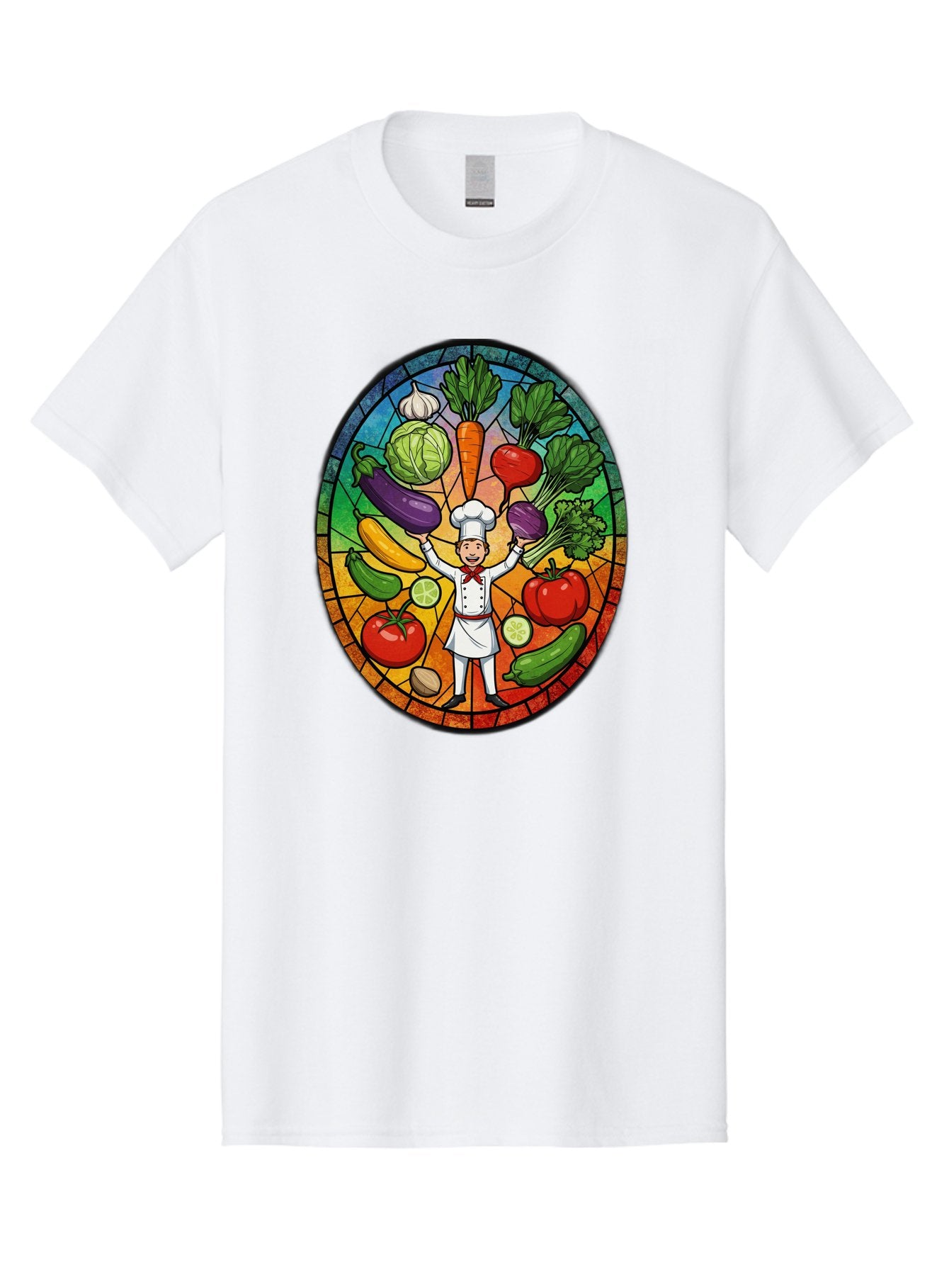 Chef-With-Vegetables Men'S Graphic Tee, 100% Cotton, Comfortable Casual Summer Wear, Machine Washable, Cartoon Chef, Fresh Vegetables, Healthy Food, Stained Glass Style, Vibrant Colors, Chef'S Hat, White Uniform, Red Scarf, Happy Chef, Bac843 11