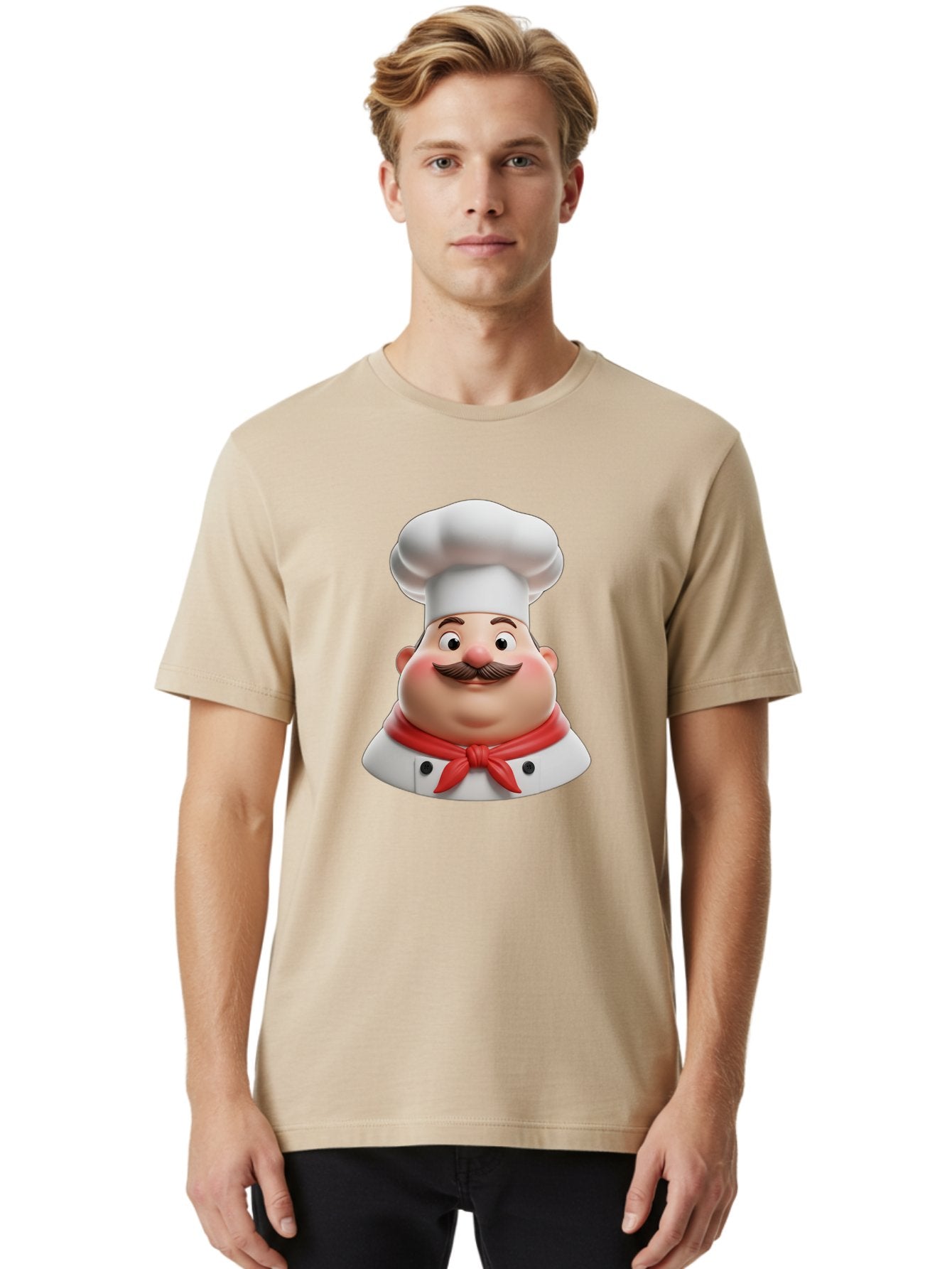 Chef Men'S Graphic Tee, 100% Cotton, Comfortable Casual Summer Wear, Machine Washable, Cartoon Chef, Smiling Man, Mustache, White Hat, Red Scarf, Chef'S Uniform, Cooking, Culinary Arts, Kitchen, Food Preparation Bac844 22