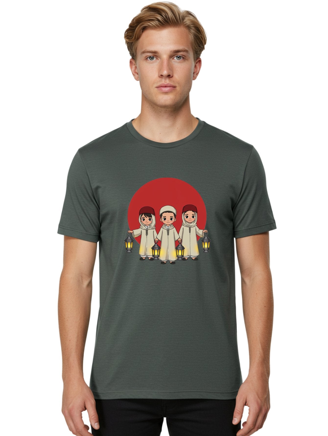 Children-With-Lanterns-1 Men'S Graphic Tee, 100% Cotton, Comfortable Casual Summer Wear, Machine Washable, Children In Traditional Clothing, Holding Lanterns, Ramadan Celebration, Islamic Culture, Festive Atmosphere, Happy Kids, Bac845 29