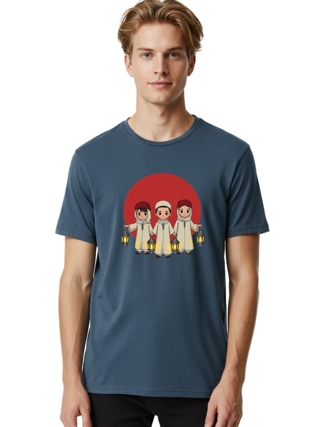 Children-With-Lanterns-1 Men'S Graphic Tee, 100% Cotton, Comfortable Casual Summer Wear, Machine Washable, Children In Traditional Clothing, Holding Lanterns, Ramadan Celebration, Islamic Culture, Festive Atmosphere, Happy Kids, Bac845 25