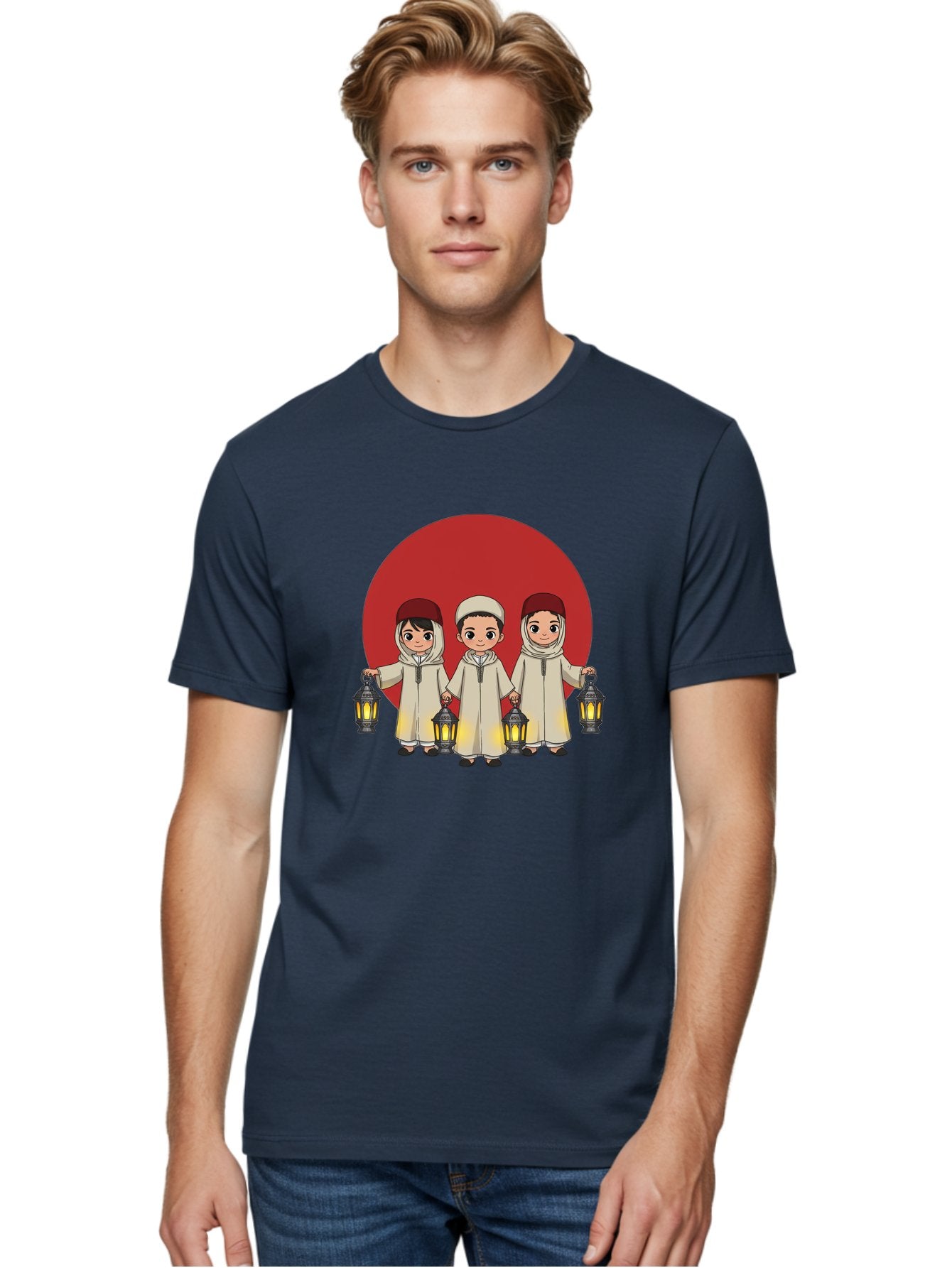 Children-With-Lanterns-1 Men'S Graphic Tee, 100% Cotton, Comfortable Casual Summer Wear, Machine Washable, Children In Traditional Clothing, Holding Lanterns, Ramadan Celebration, Islamic Culture, Festive Atmosphere, Happy Kids, Bac845 30
