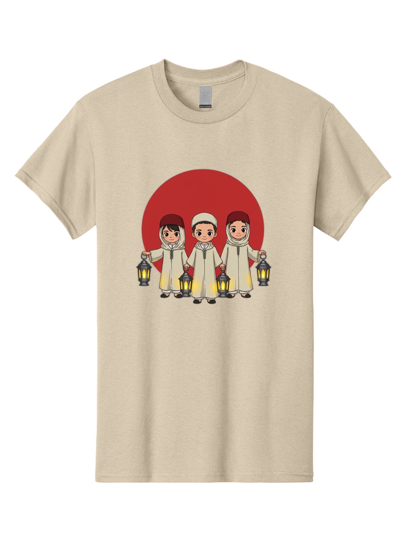 Children-With-Lanterns-1 Men'S Graphic Tee, 100% Cotton, Comfortable Casual Summer Wear, Machine Washable, Children In Traditional Clothing, Holding Lanterns, Ramadan Celebration, Islamic Culture, Festive Atmosphere, Happy Kids, Bac845