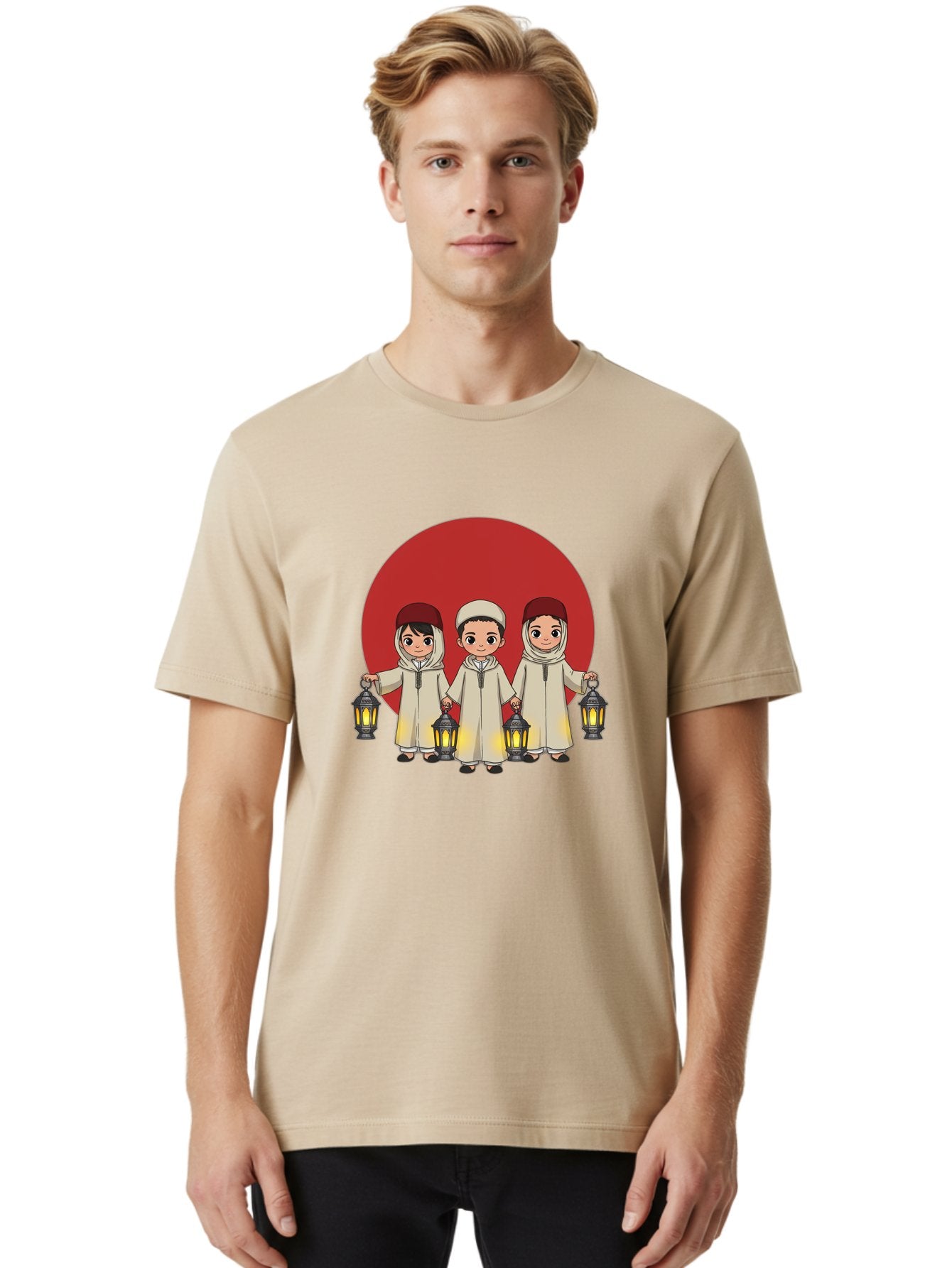 Children-With-Lanterns-1 Men'S Graphic Tee, 100% Cotton, Comfortable Casual Summer Wear, Machine Washable, Children In Traditional Clothing, Holding Lanterns, Ramadan Celebration, Islamic Culture, Festive Atmosphere, Happy Kids, Bac845 19