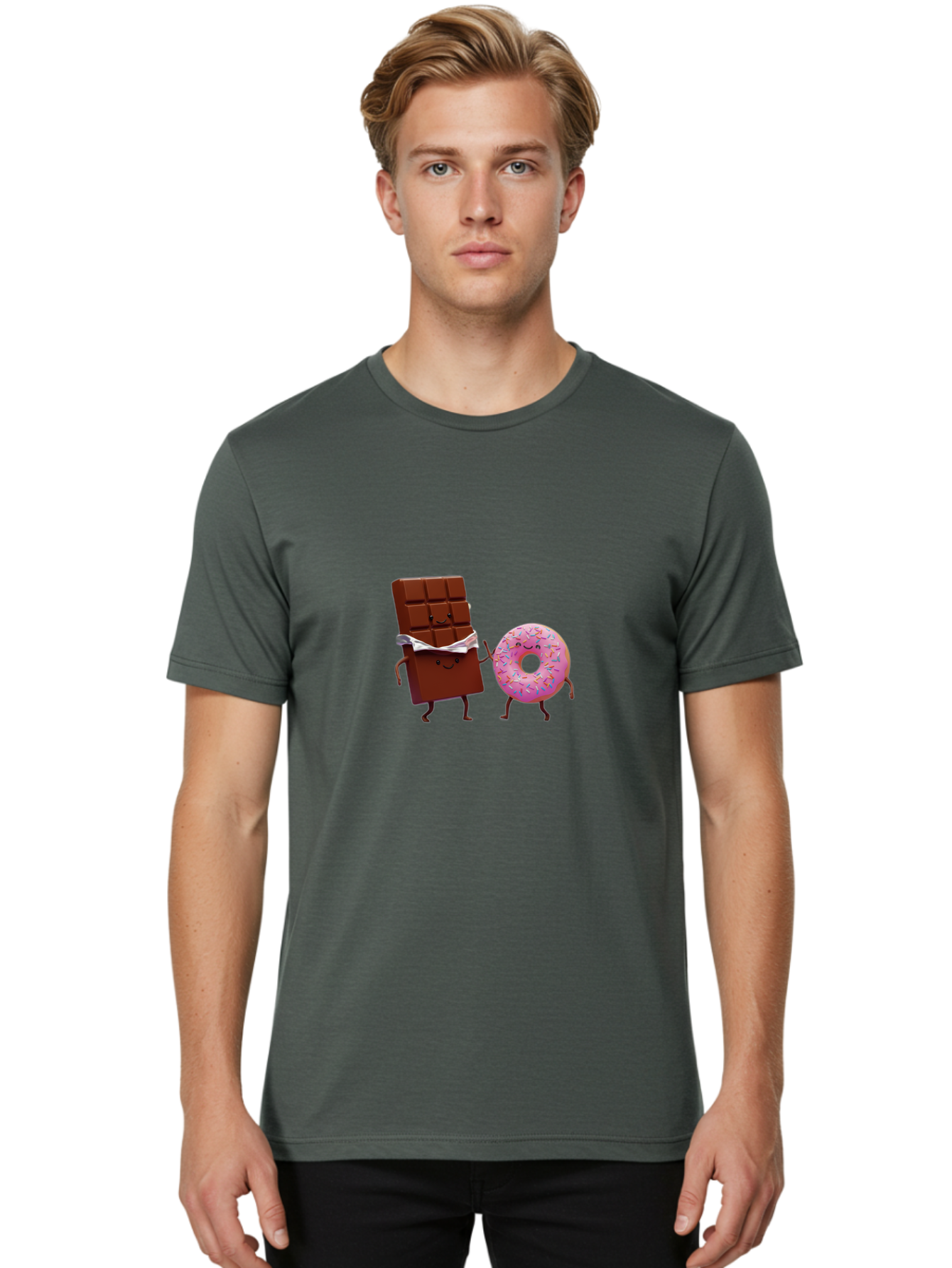 Chocolate-And-Donut Men'S Graphic Tee, 100% Cotton, Comfortable Casual Summer Wear, Machine Washable, Chocolate Bar, Donut With Sprinkles, Cartoon Characters, Sweet Treats, Dessert Lovers, Pastry, Baked Goods, Cute Graphic, Food Illustration Bac847 27