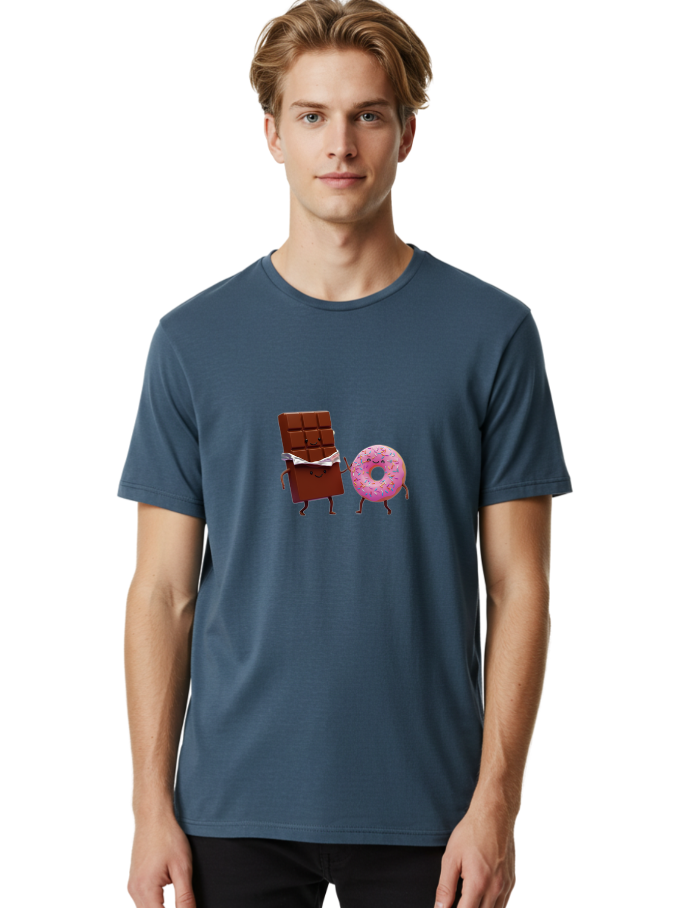 Chocolate-And-Donut Men'S Graphic Tee, 100% Cotton, Comfortable Casual Summer Wear, Machine Washable, Chocolate Bar, Donut With Sprinkles, Cartoon Characters, Sweet Treats, Dessert Lovers, Pastry, Baked Goods, Cute Graphic, Food Illustration Bac847 23